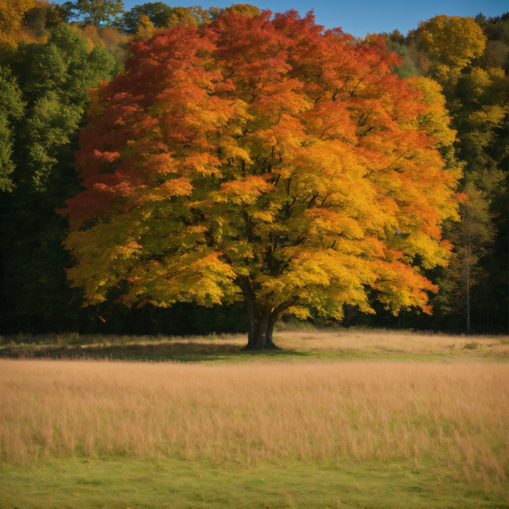 Lexica - A field of grass in autumn, a giant autumn blaze maple tree in ...