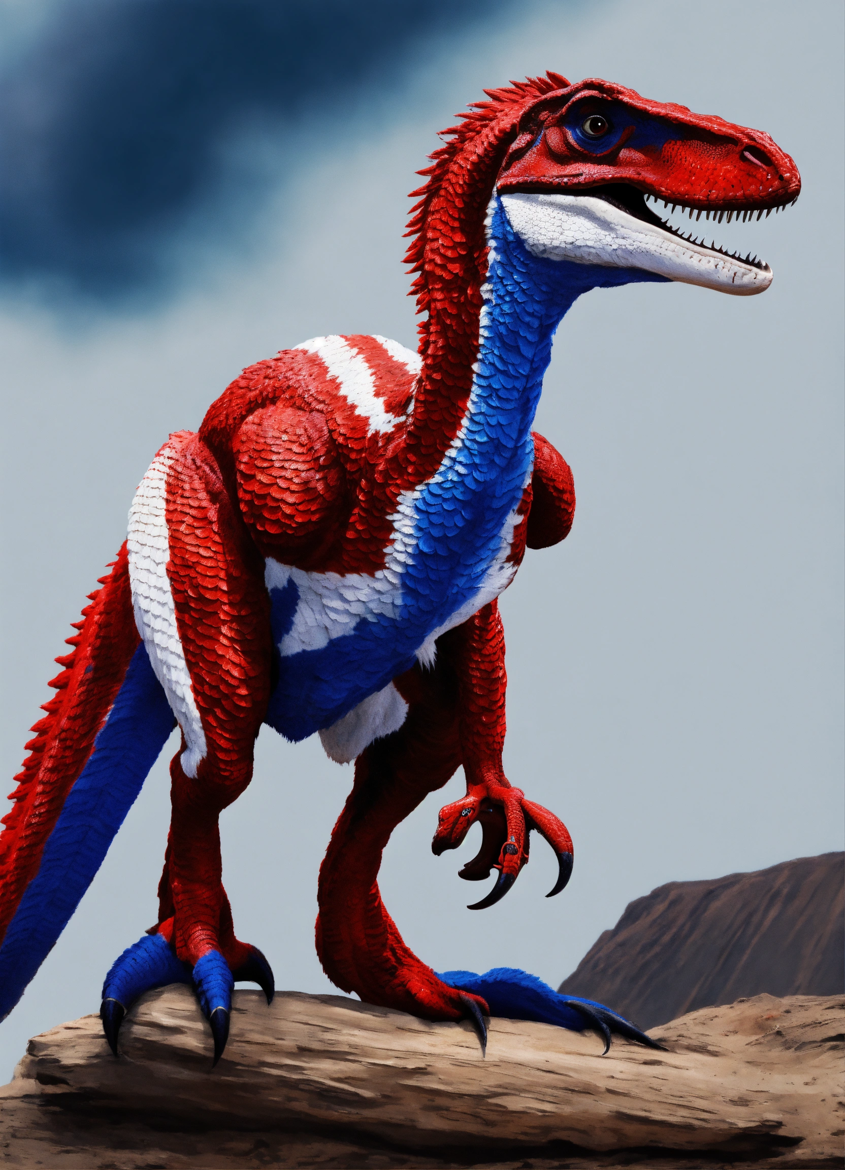Lexica - Red white and blue velociraptor