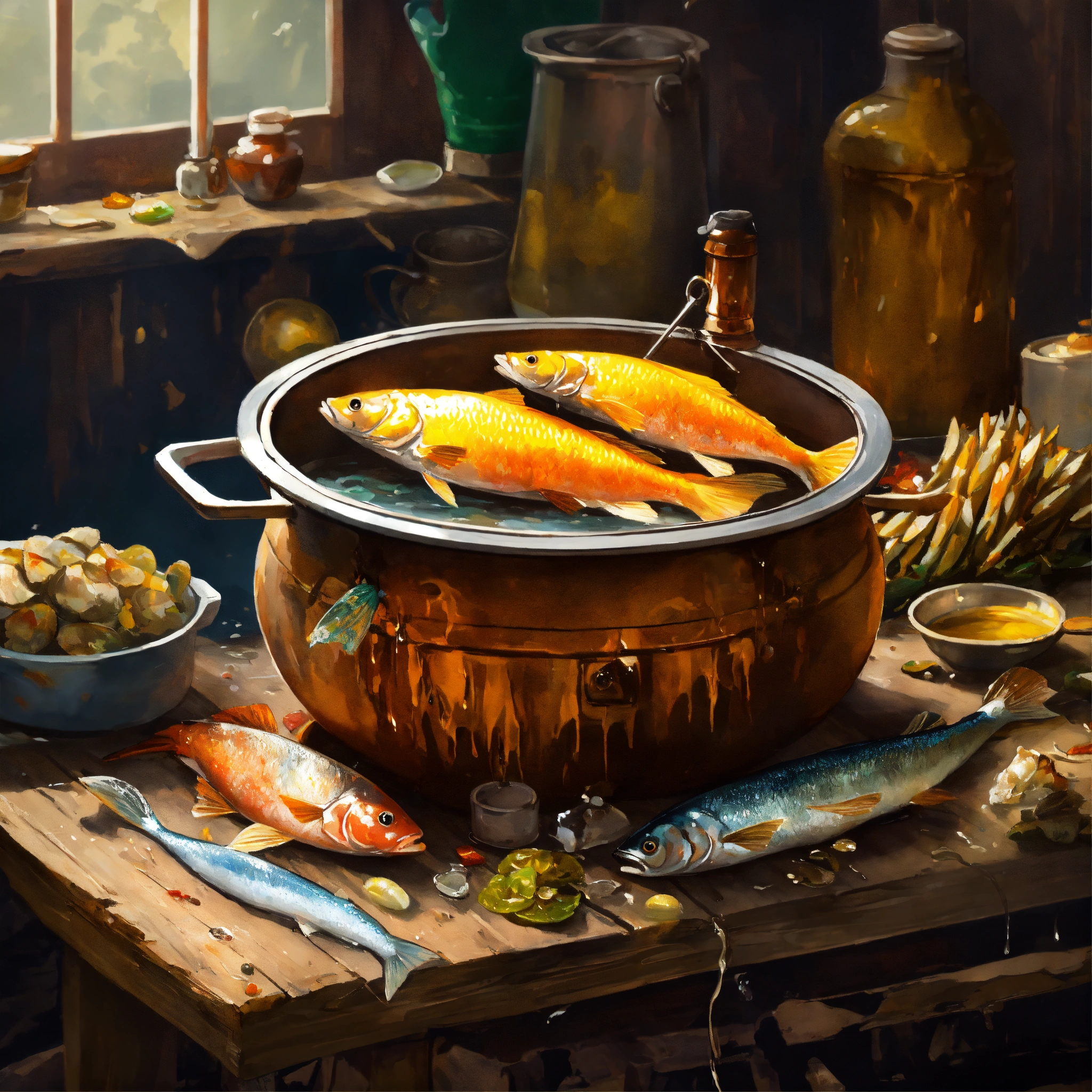 Lexica - Concept art of a lead pot with liquid fish glue, on top of a ...