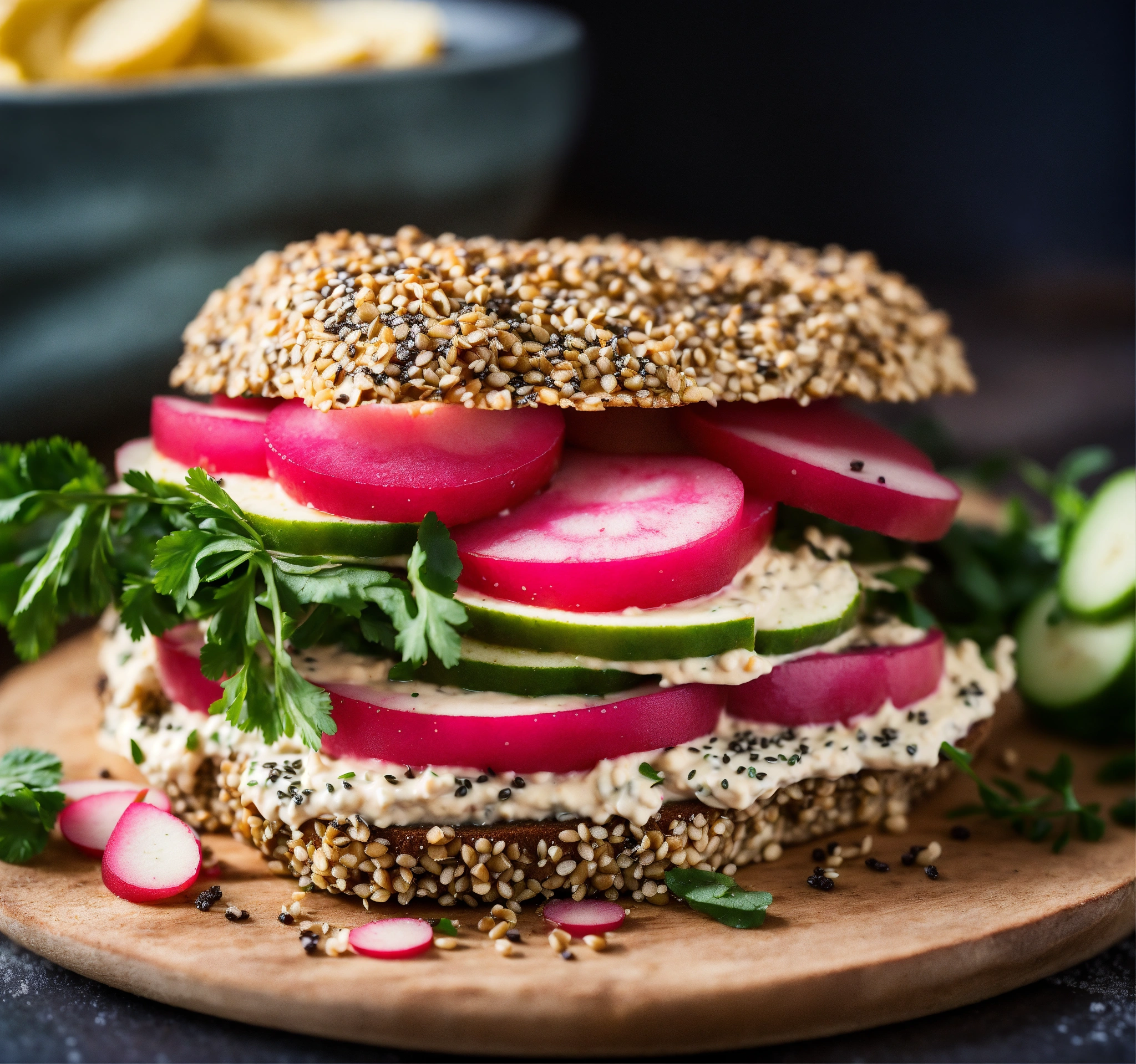 Lexica "Vegan Delight Hummus, Radish, and Chia Seed Sandwich", creamy