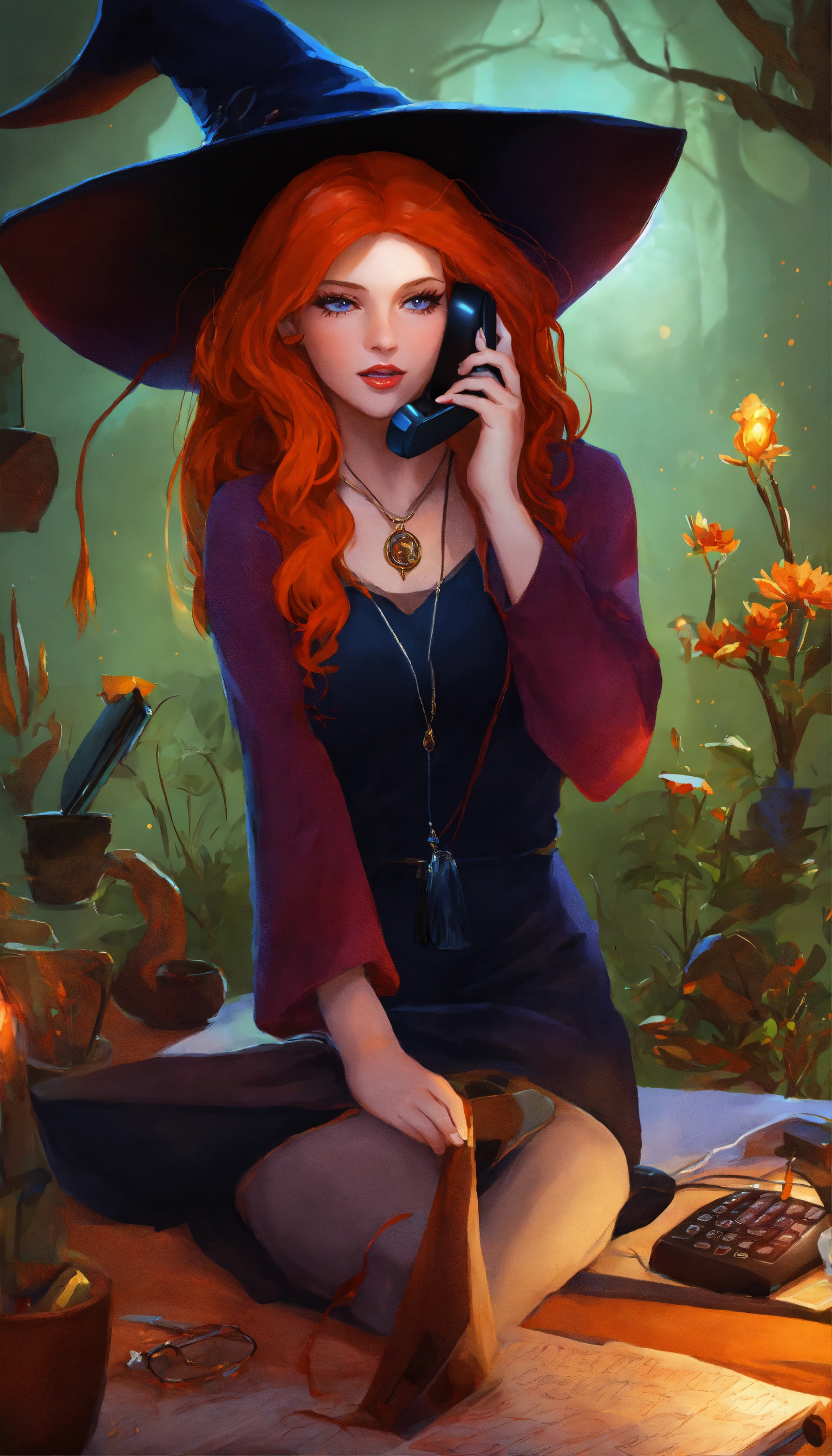 Lexica - Red-haired witch on the phone on her computer
