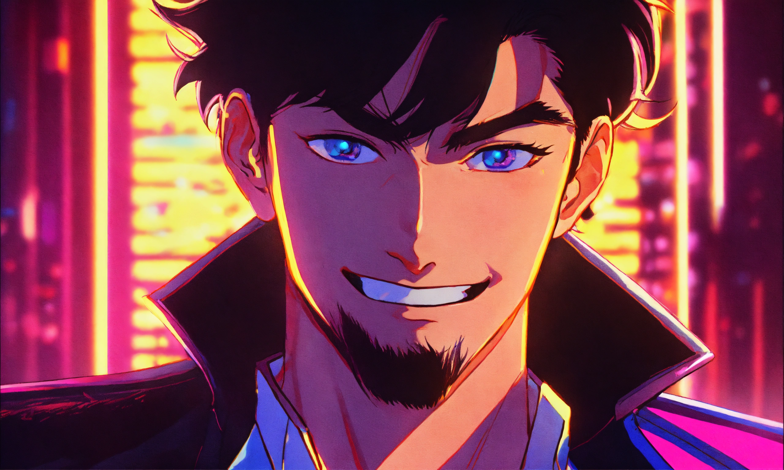 Lexica - 80s anime style, closeup of man with dark hair, smile, happy, neon