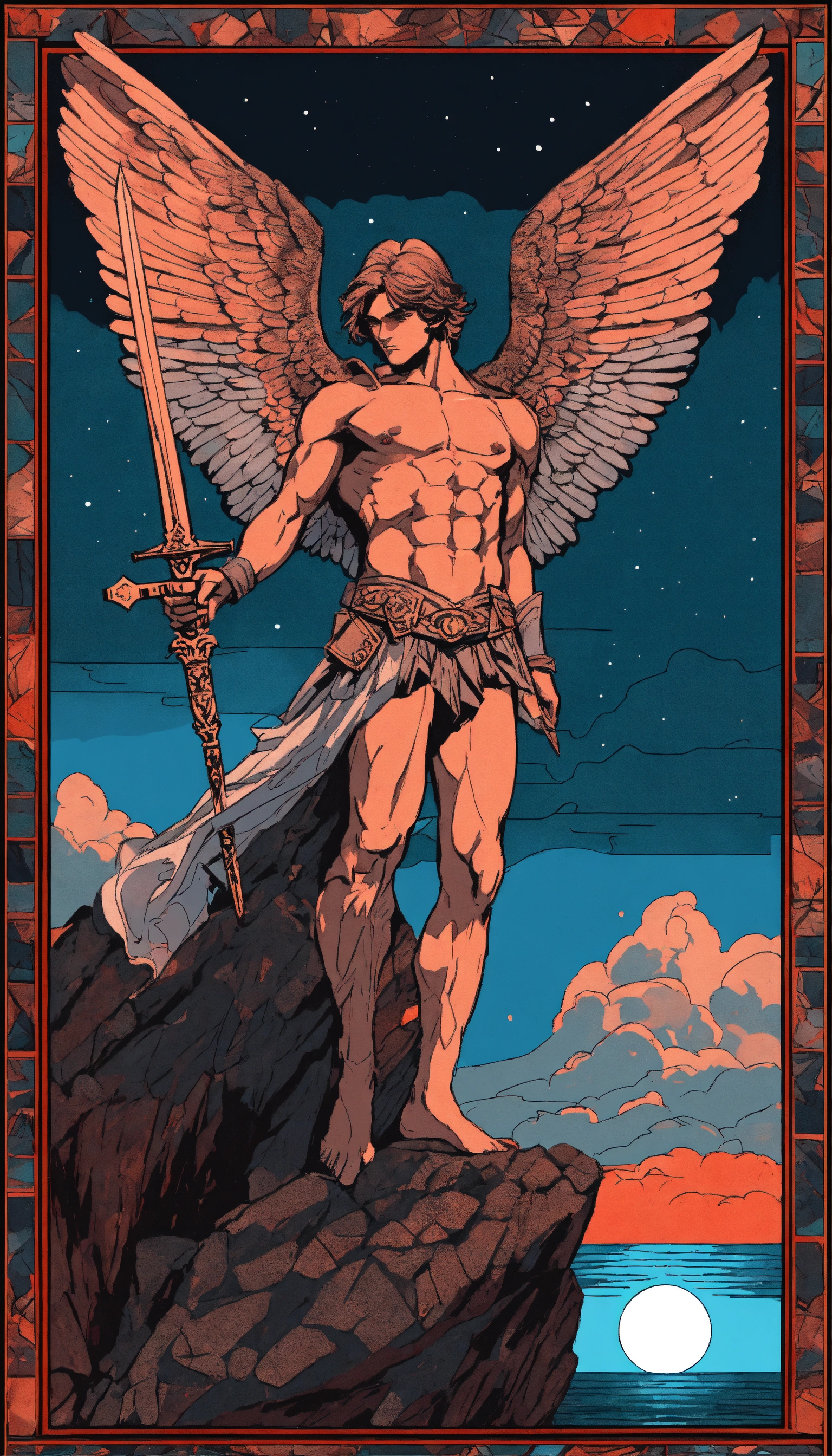Lexica - Drawing of an angel figure with muscles, wide wings, sword in ...