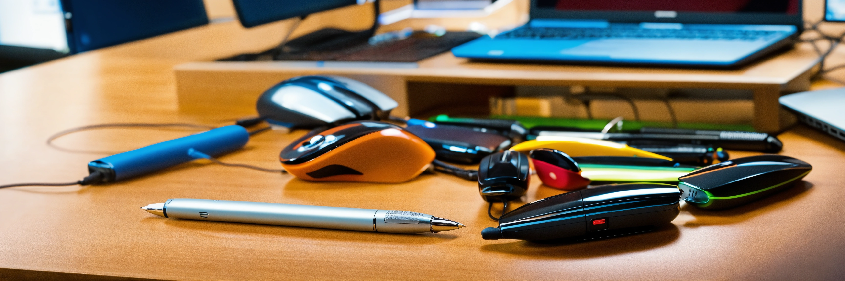 Lexica - Business pens and computer mouses together in circle on the desk