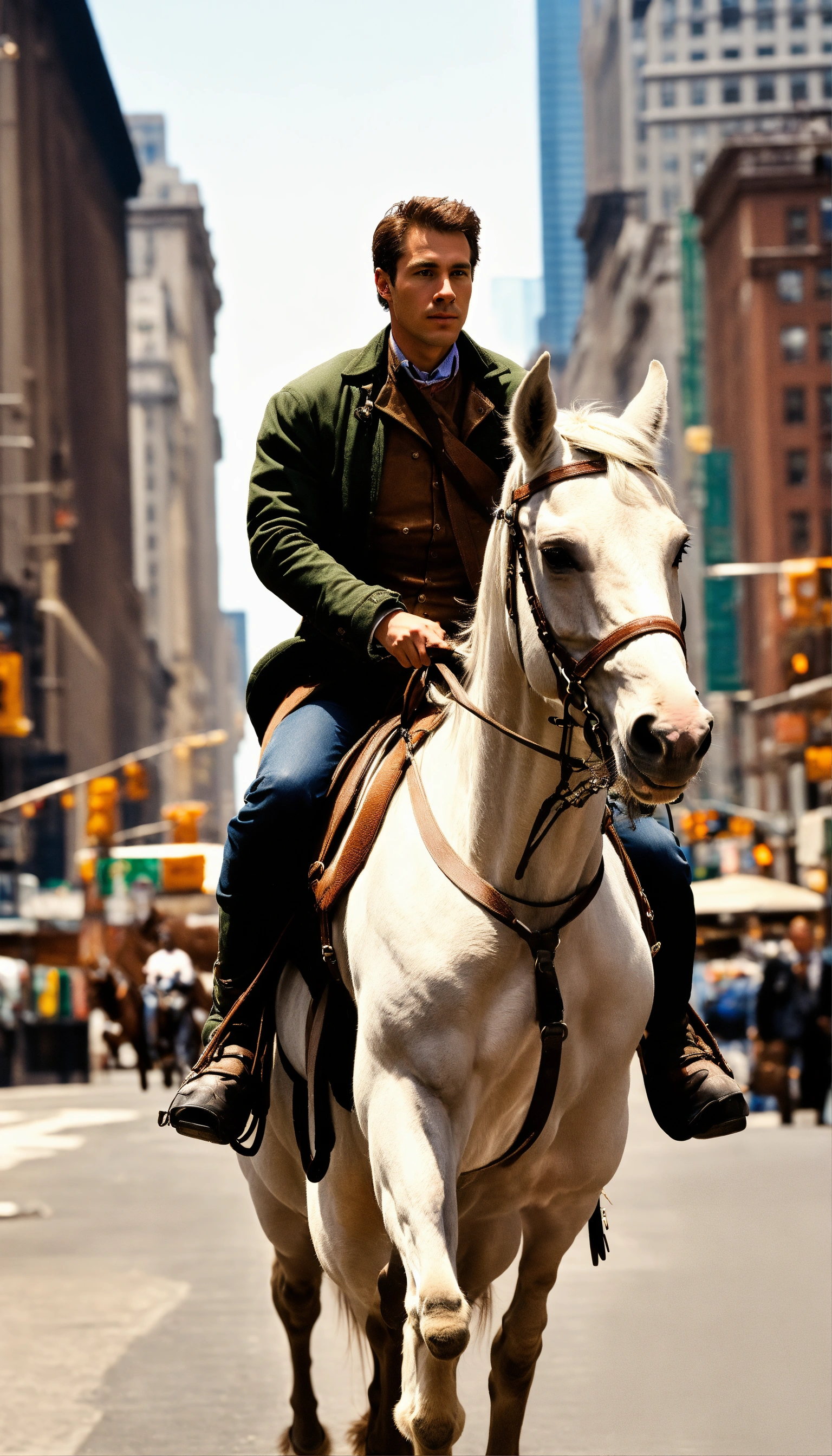 Lexica - Realistic photo of a white-skinned man riding a horse in the ...