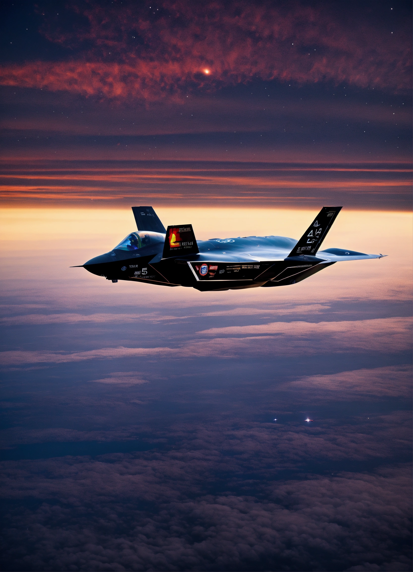 Lexica - An high tech f35 jet flying through space