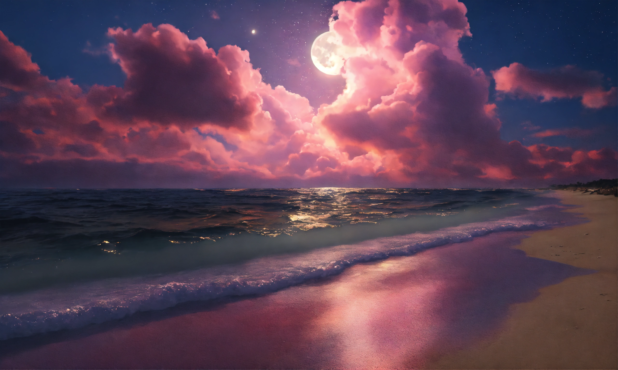 Lexica - Close up of beach with moonlight glow, lots of clouds, 4k ...