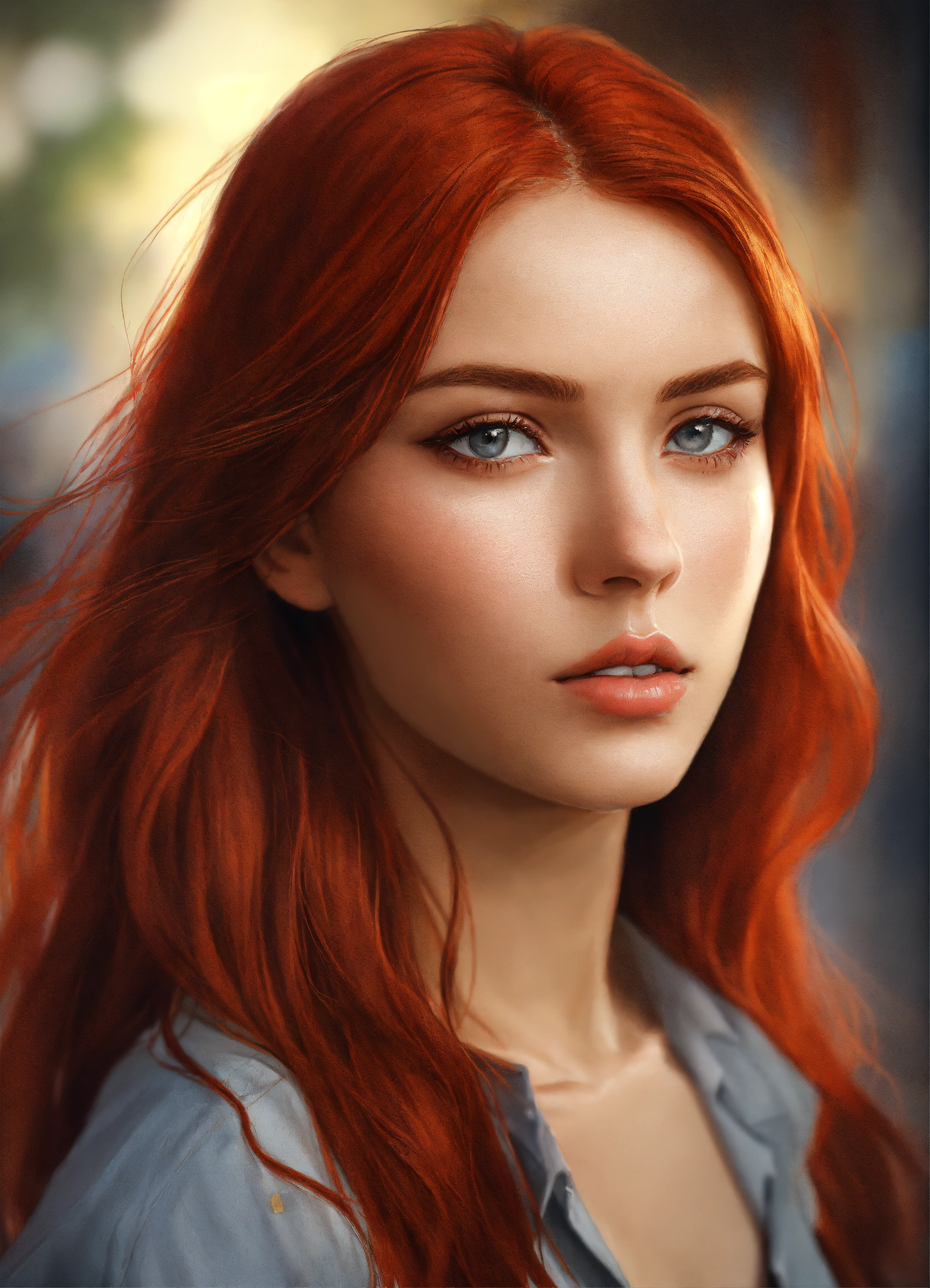 Lexica - Portrait draw beautiful girl red hair, gray eyes, open Shirt ...