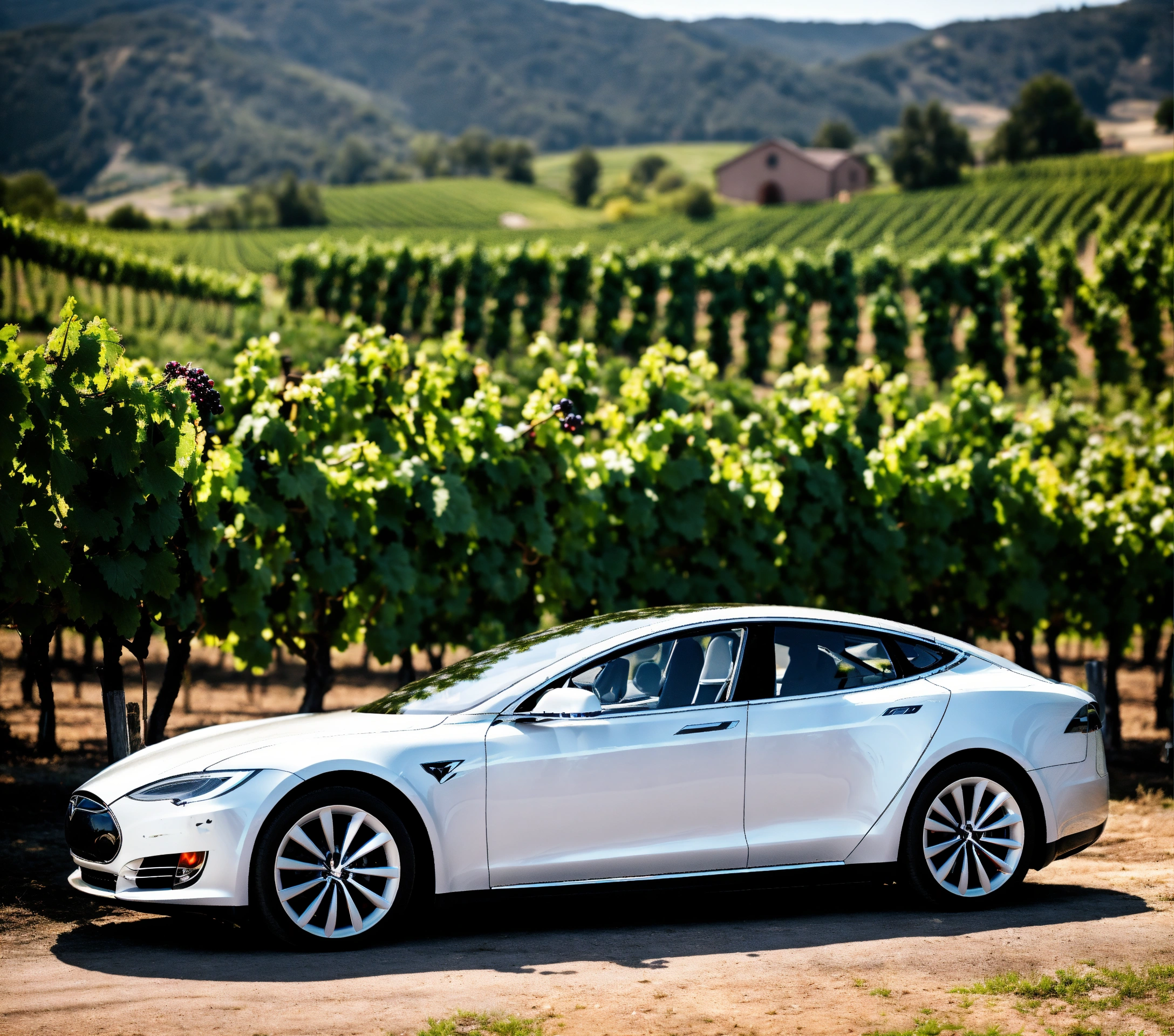 Lexica - Tesla model s and grape vineyards behind, white light ...