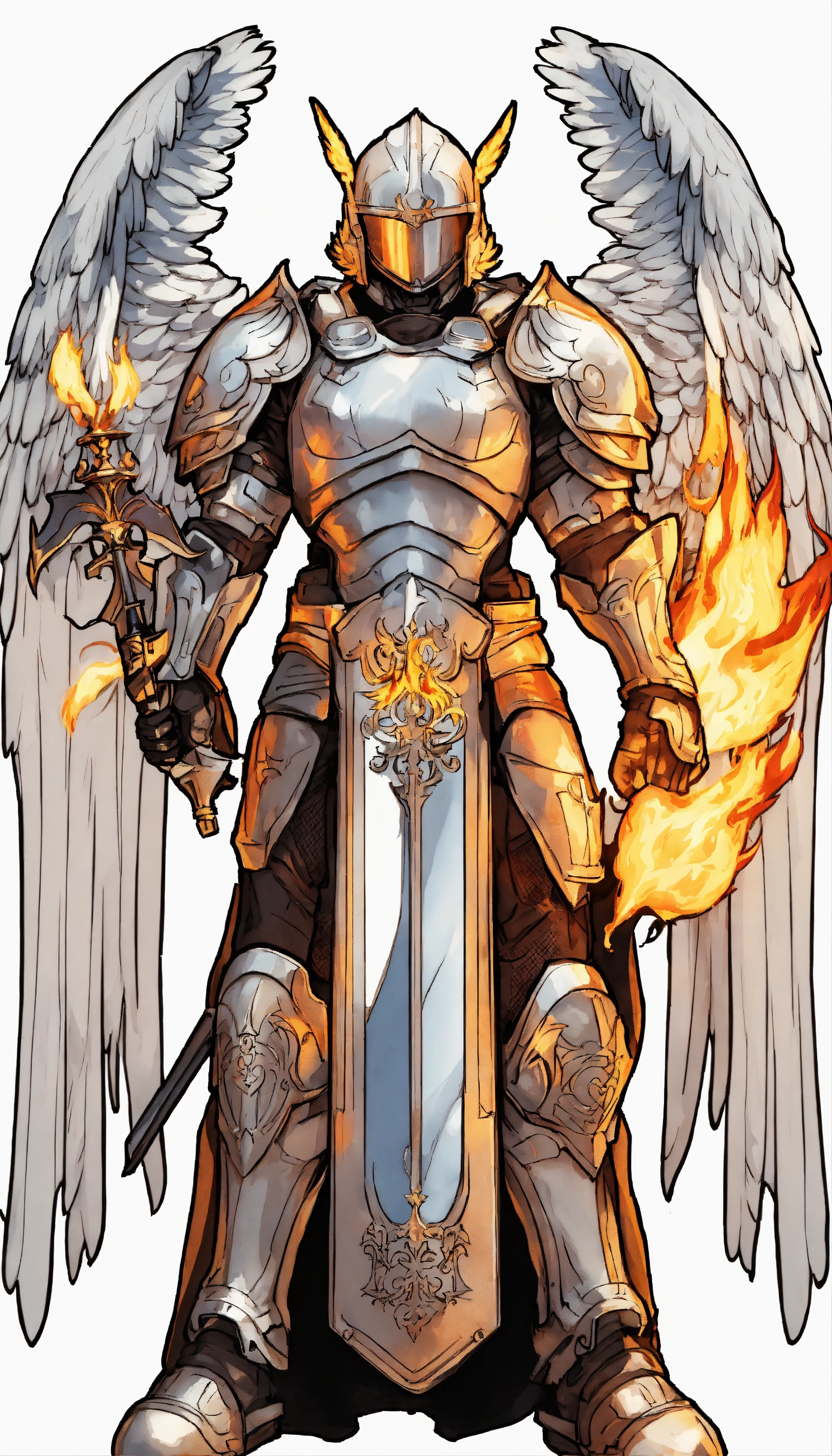 Lexica - Male Angel in body armor with flaming sword and white wings ...