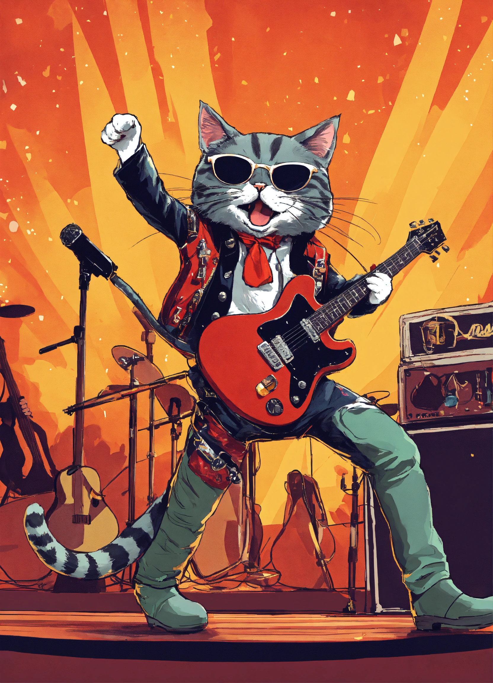 Lexica - Create an image of a cat as a rock star riding a bike on stage ...