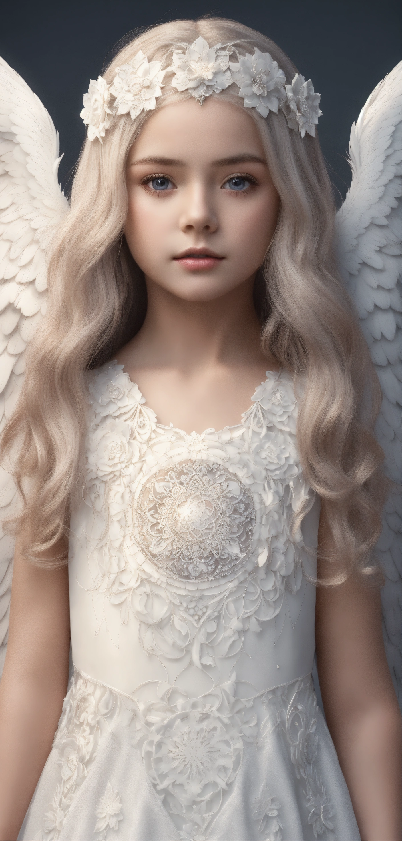 Lexica - Angel face 9-year-old girl with white angel wings, large and ...