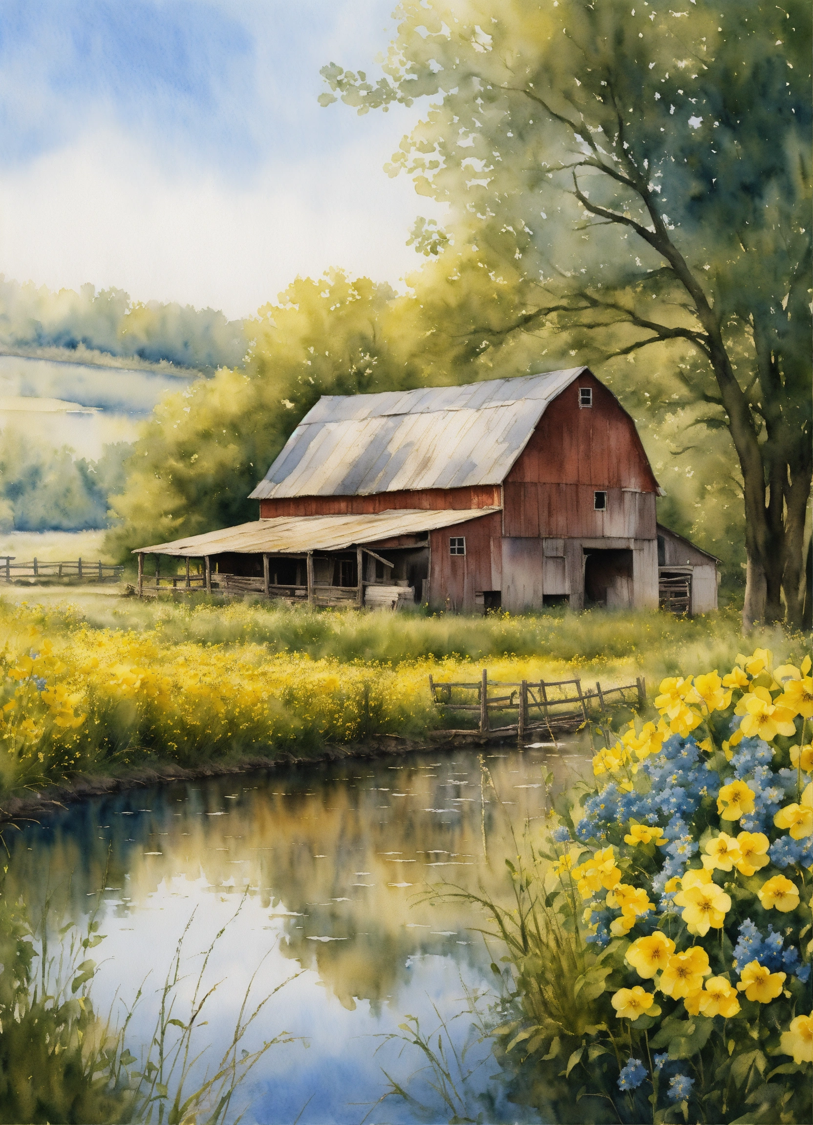 Lexica - Watercolor painting of an Old Farm on a river, blue and yellow ...