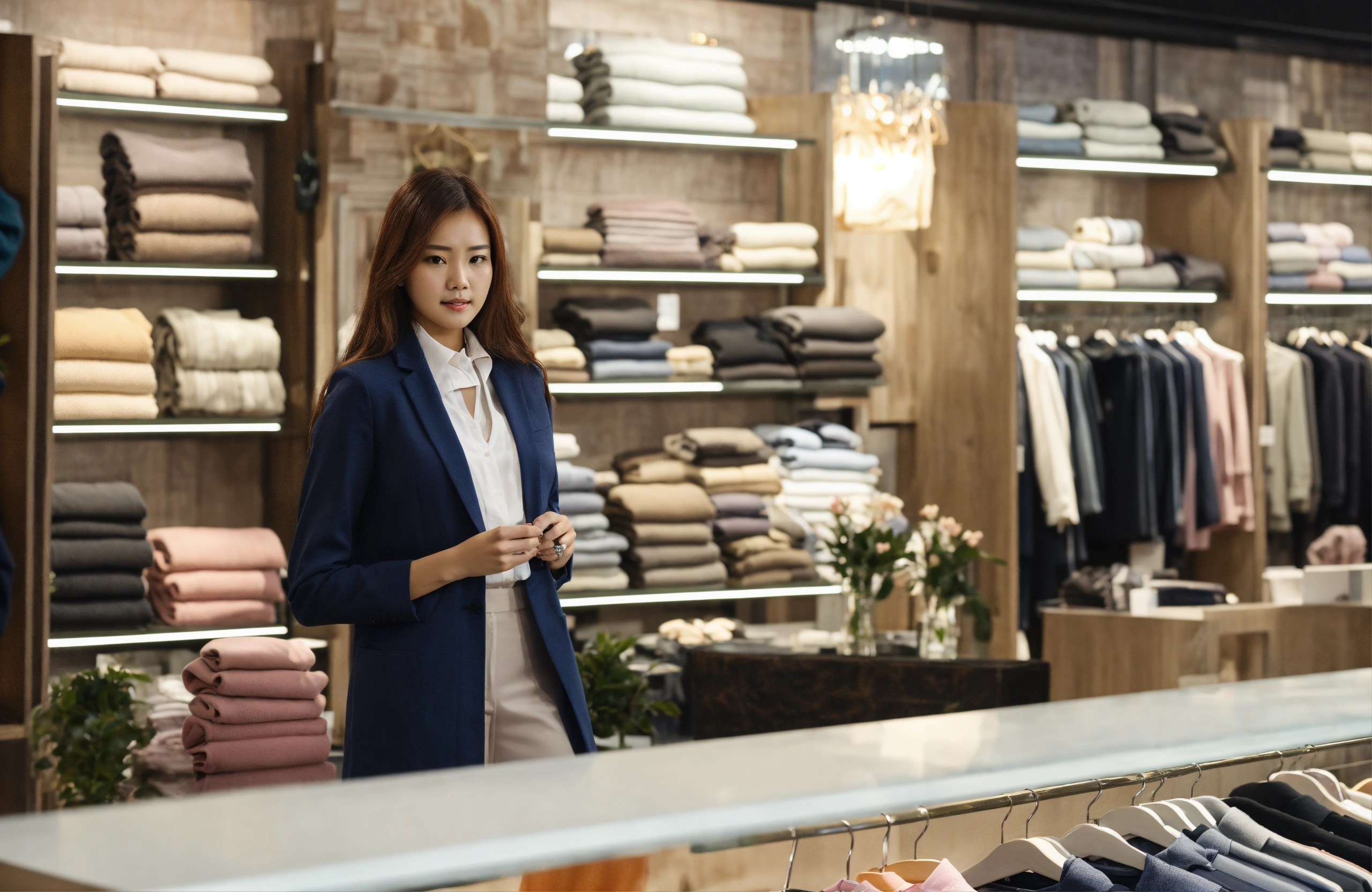 Lexica - Same face girl manager standing in cloth store front view