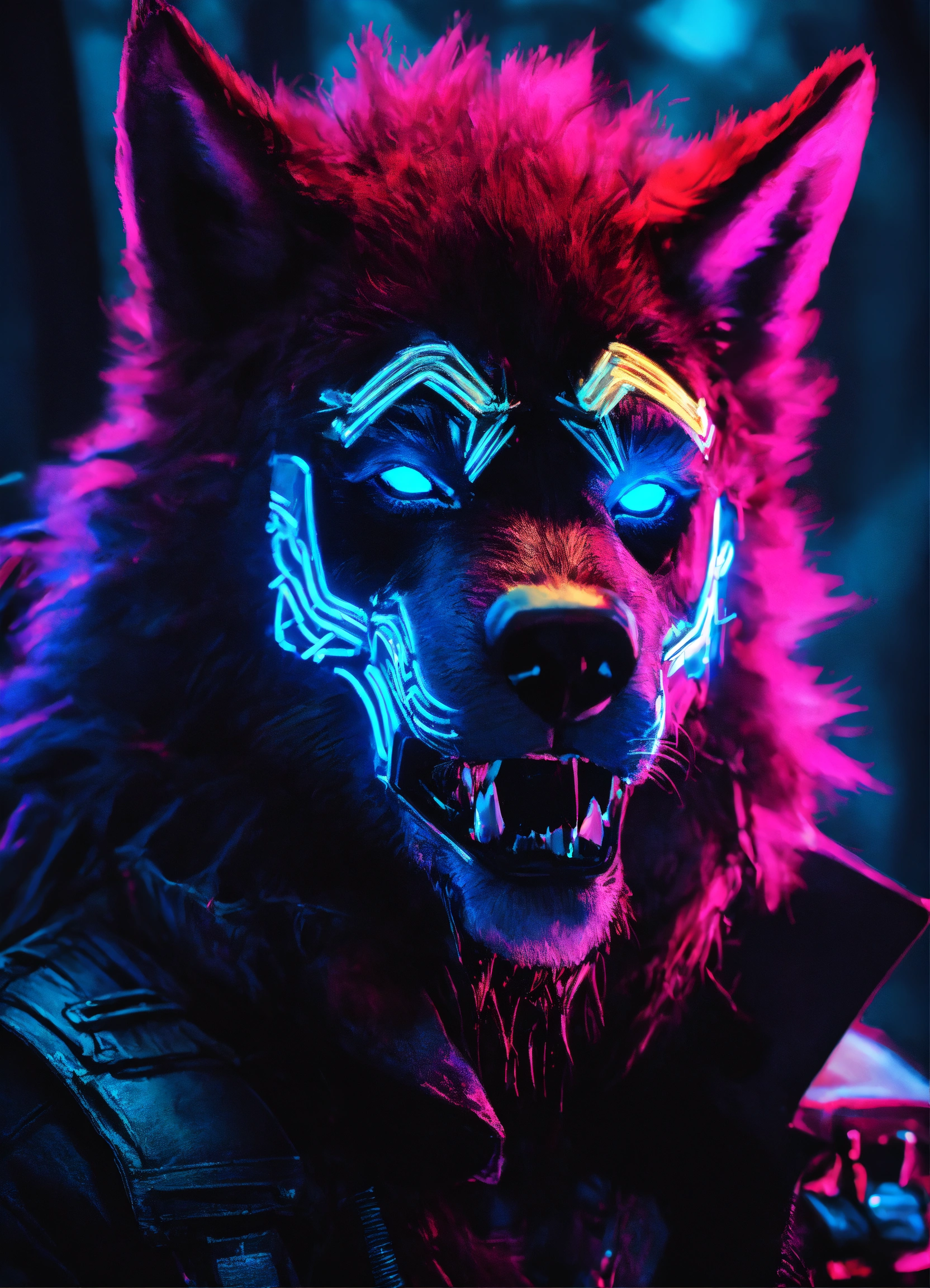 Lexica - Face werewolf portrait in the forest, neon lights