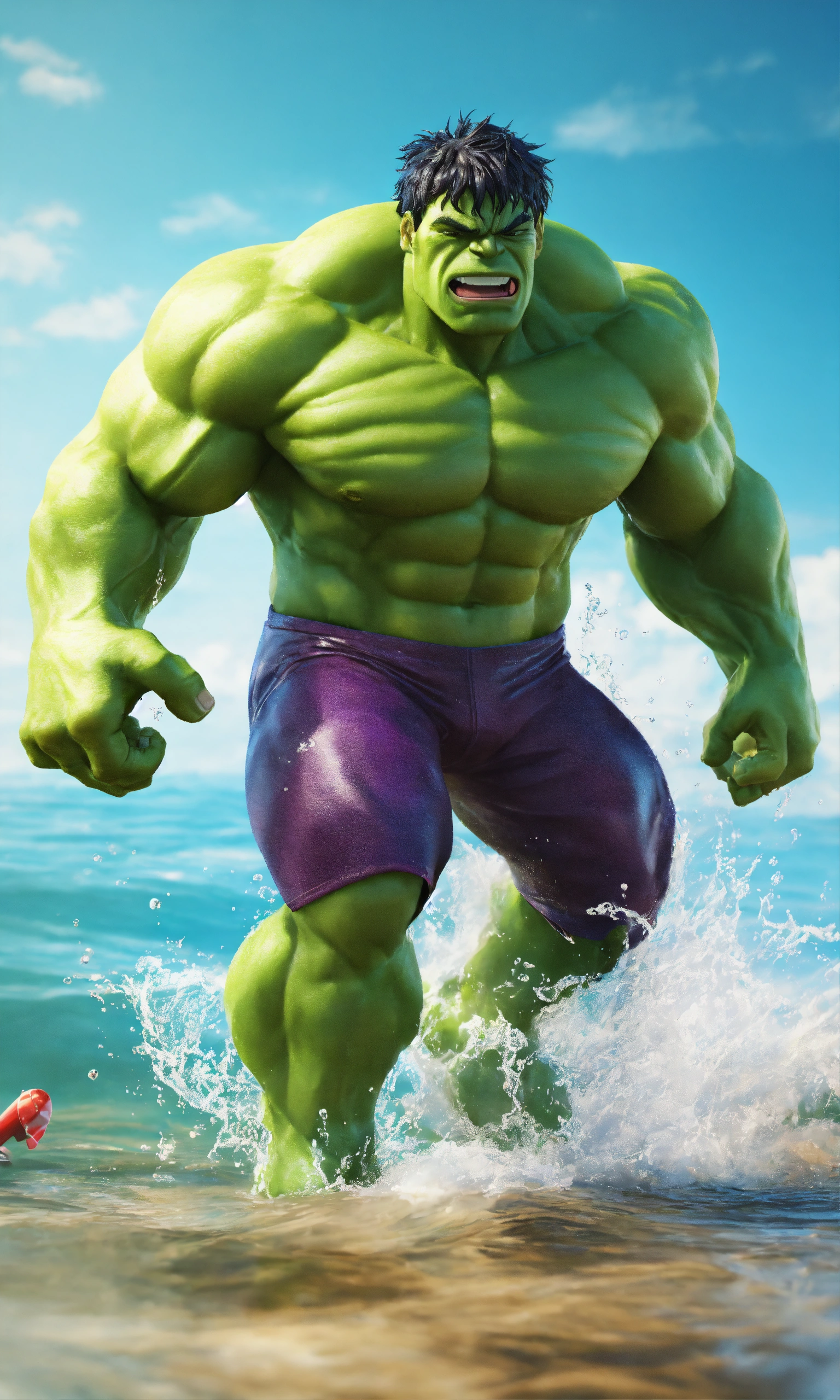 Lexica - Hulk swimming on the seaside full-body, colorful background ...