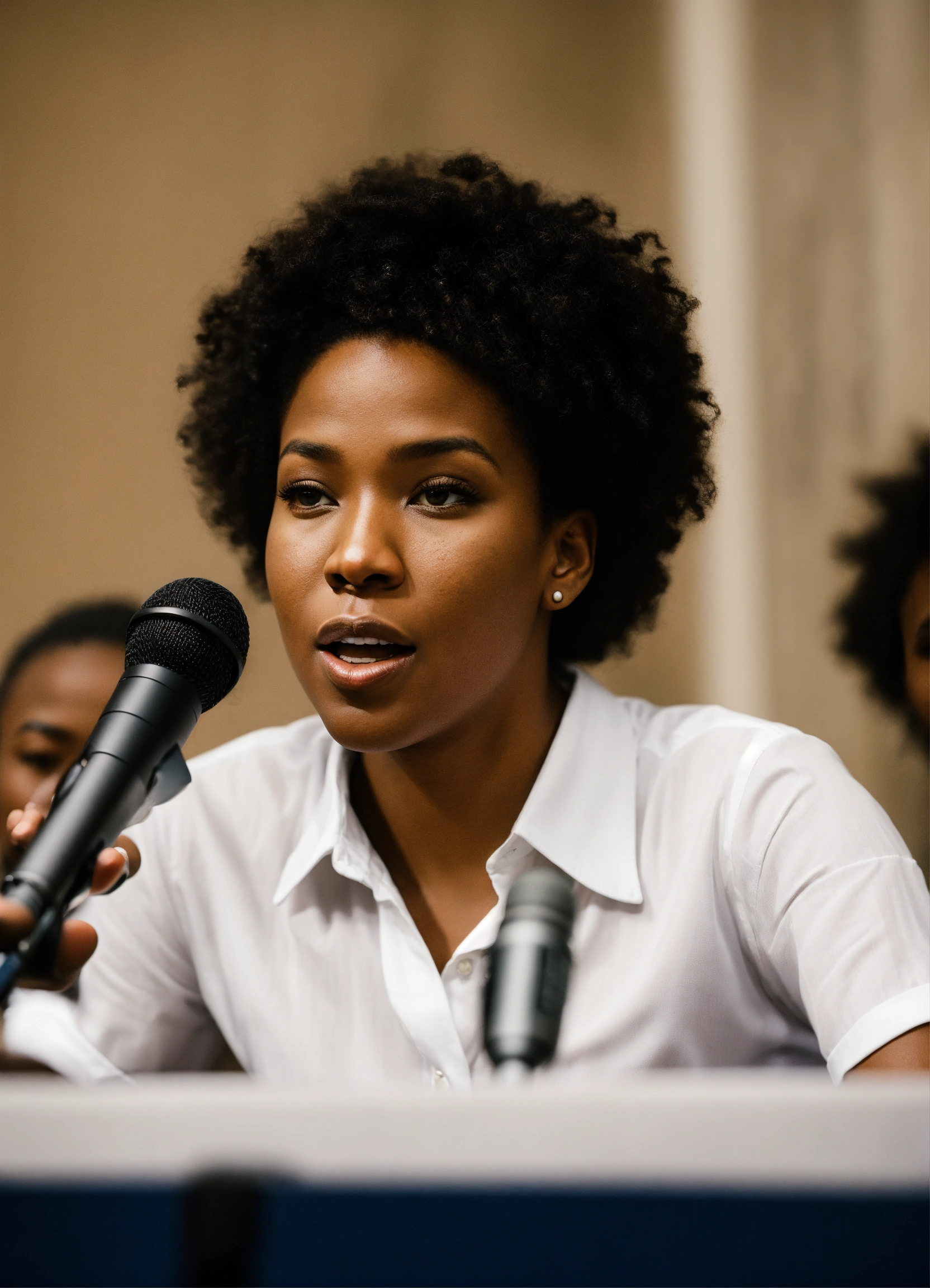 Lexica - Black journalist in a white shirt holding the microphone while ...