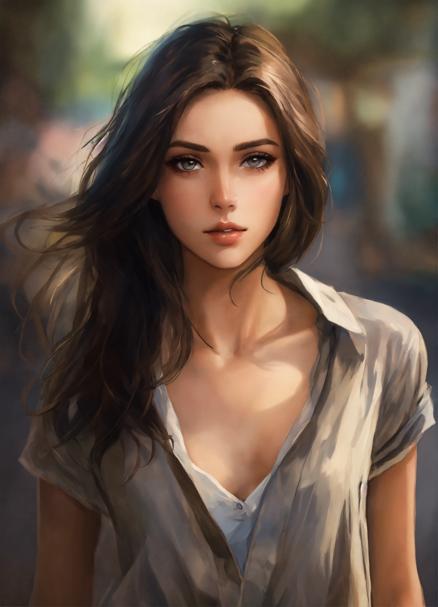Lexica - Portrait draw beautiful girl dark hair, gray eyes, open Shirt ...