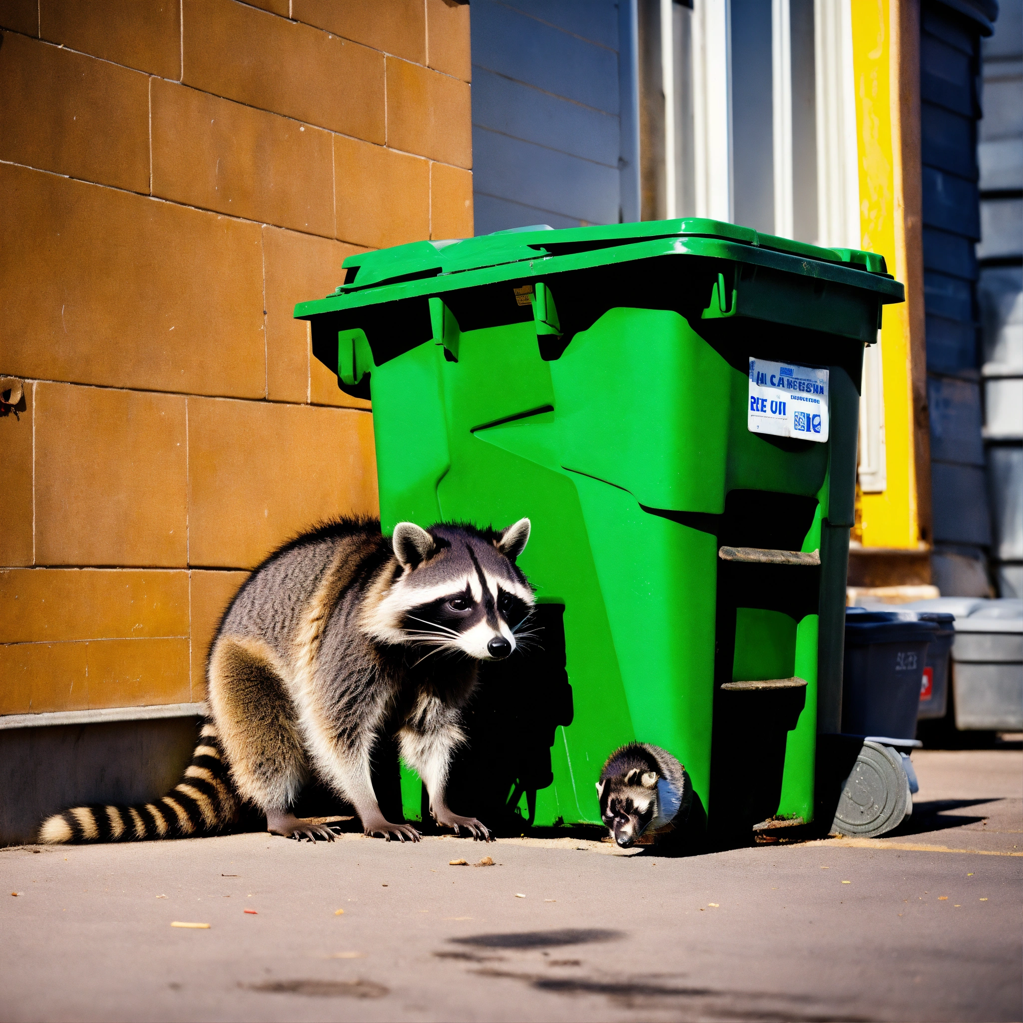 Lexica A photograph of a raccoon digging through recycling bins, surreal