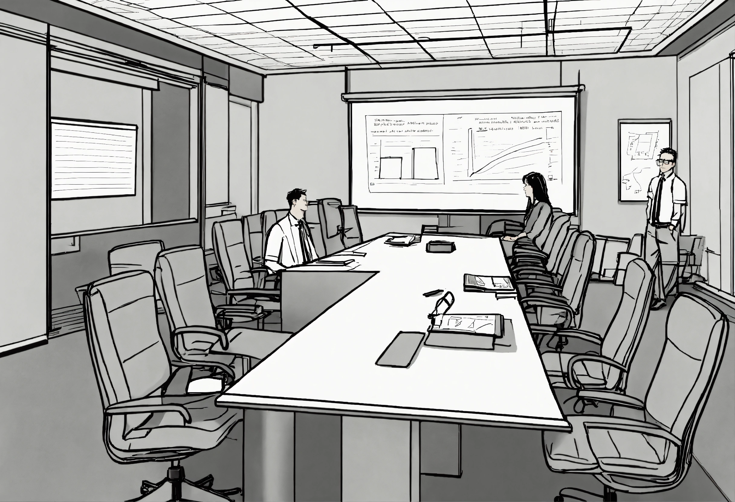 Lexica - Detailed line drawing of a conference room. there are two ...