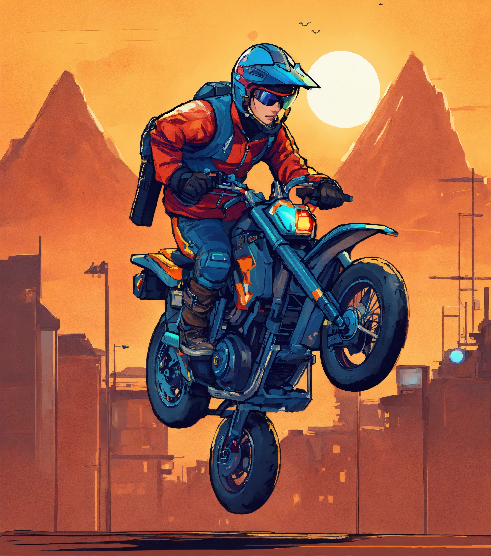 Lexica 2d game, heavy bike, jump stunt, guy riding,icon, clear background