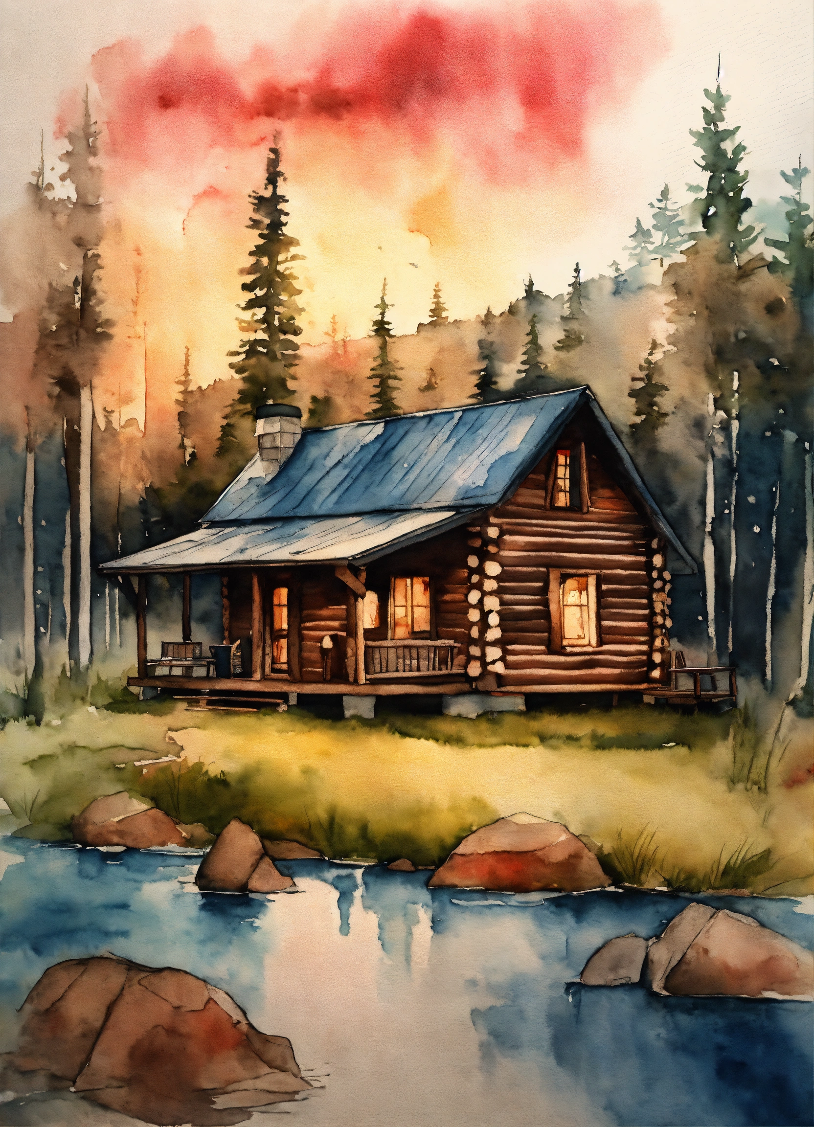 Lexica - Tattoo of a log cabin in watercolor style