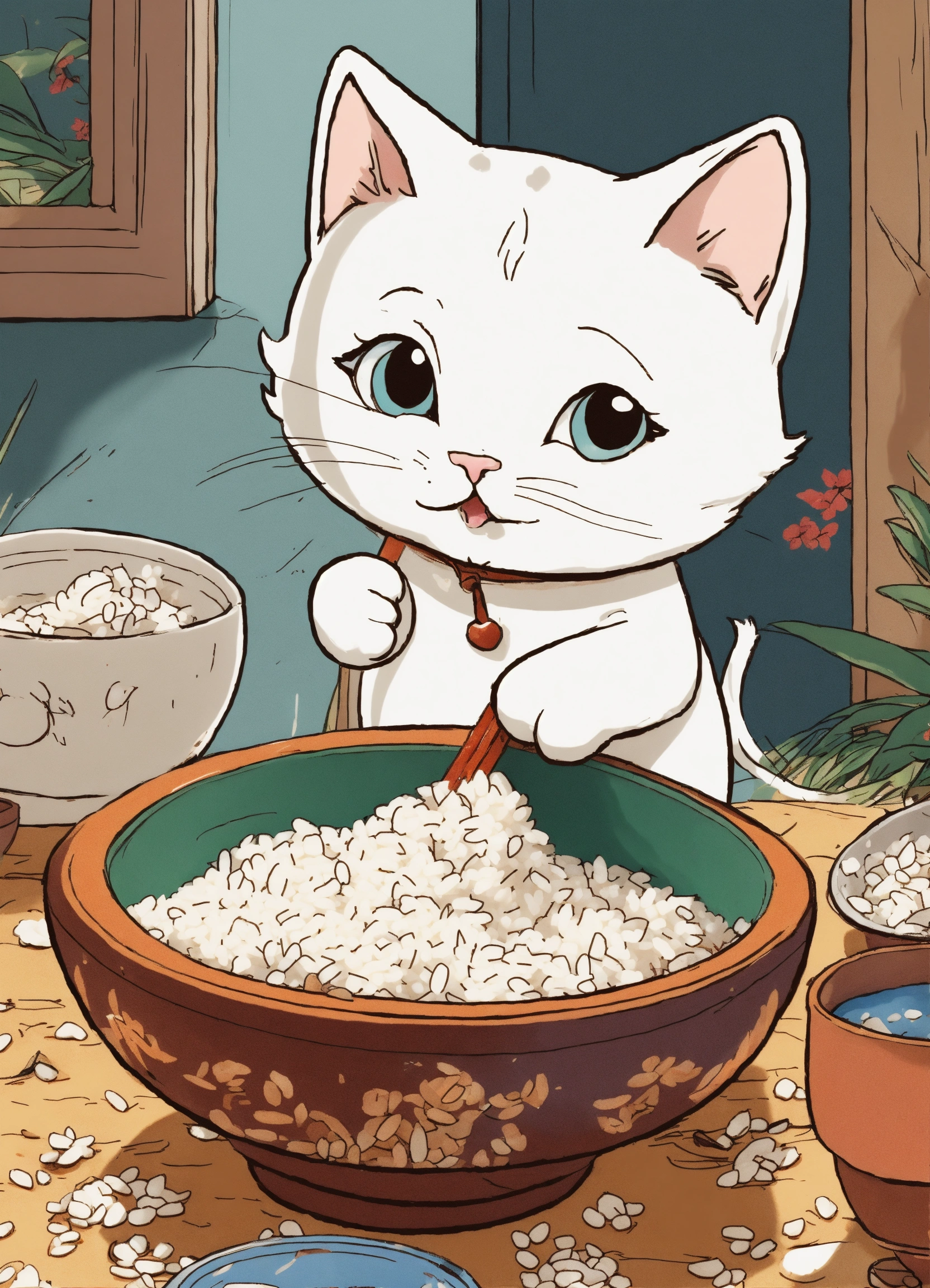 Lexica - A cute ADORABLE white LITTLE cat eating messy RICE BOWL ...