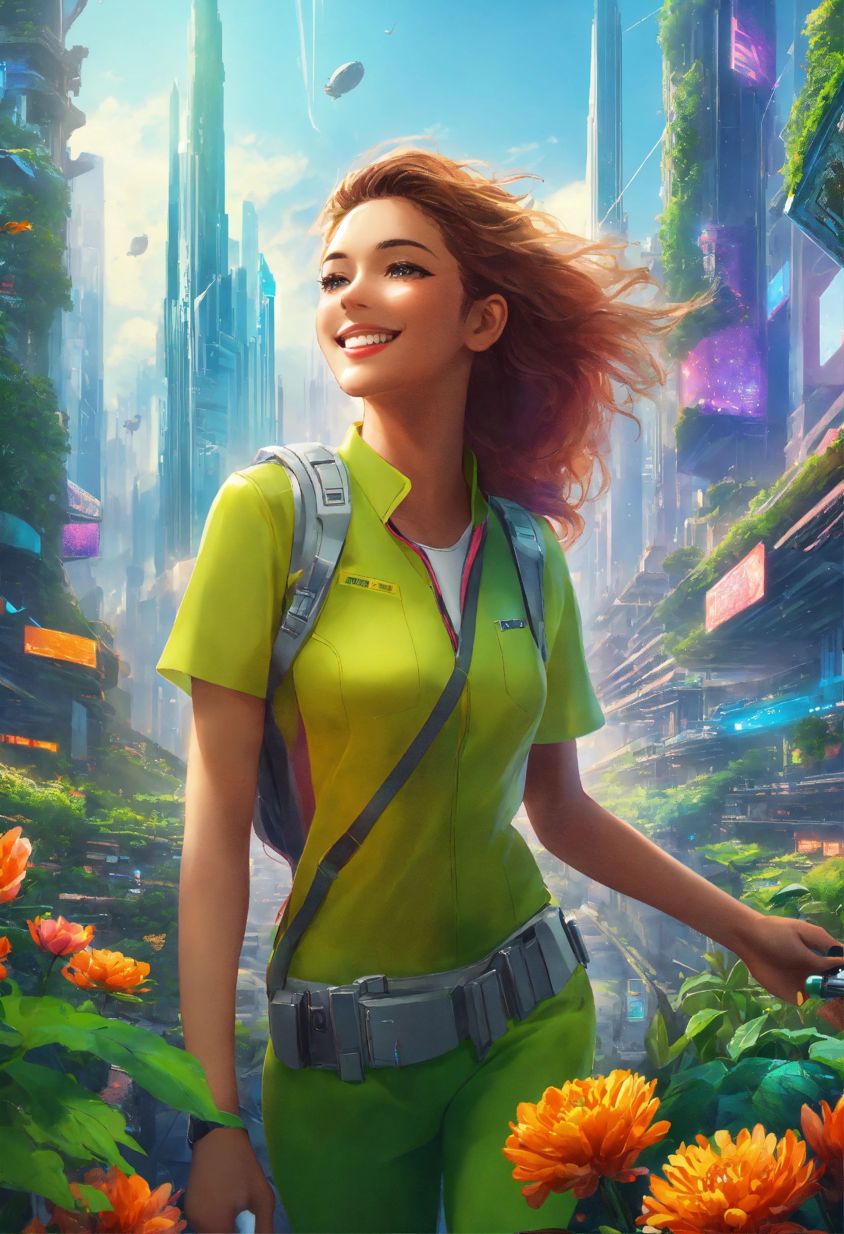 Lexica - Zoom on a smiling girl. in the background Imagine a futuristic ...