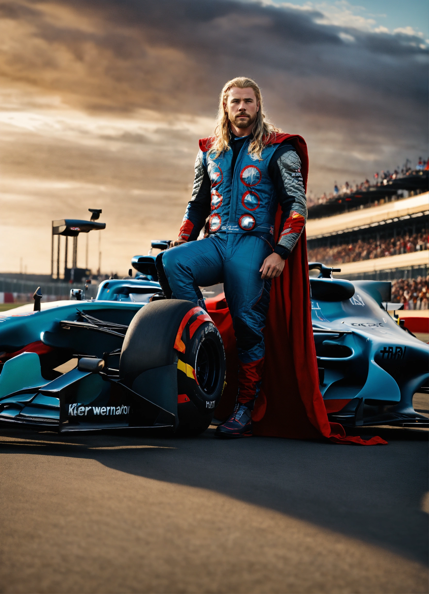 Lexica - THOR, POSANDO PARA FOTO AO LADO DE UM CARRO DE CORRIDA, EM UMA ...