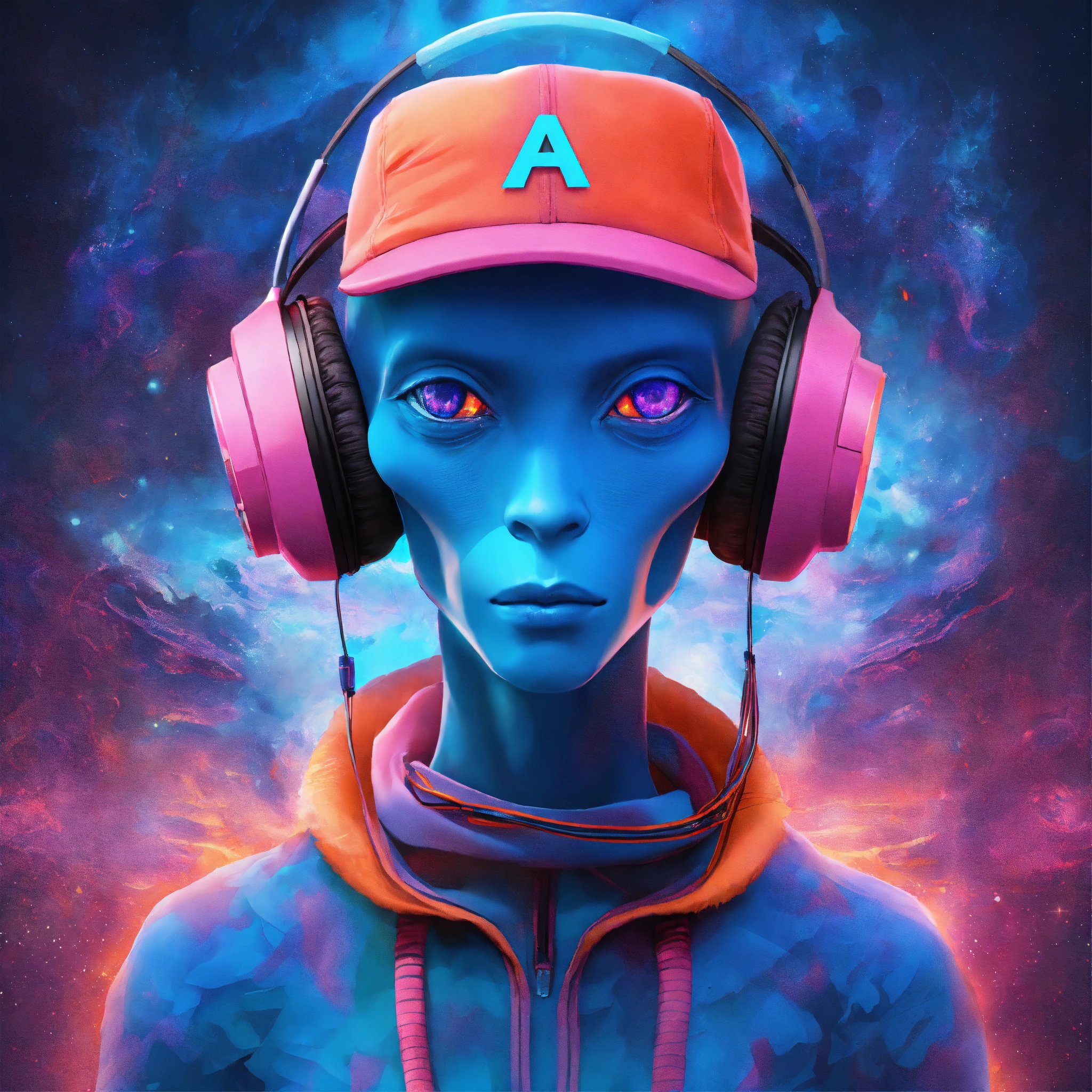 Lexica - Blue alien, wearing orange headphone, wearing pink hat with ...