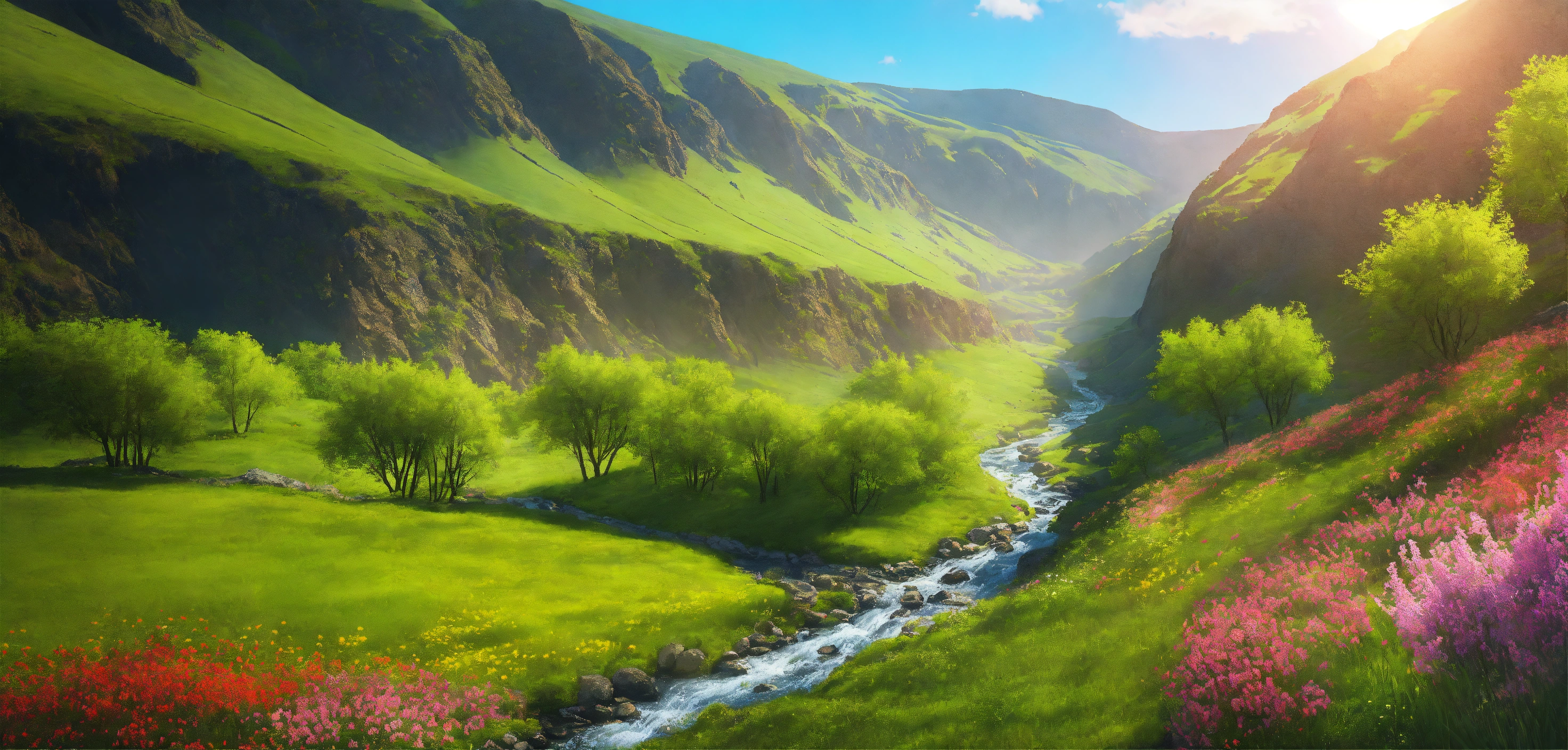 Lexica - A serene and majestic spring landscape view into a deep valley ...