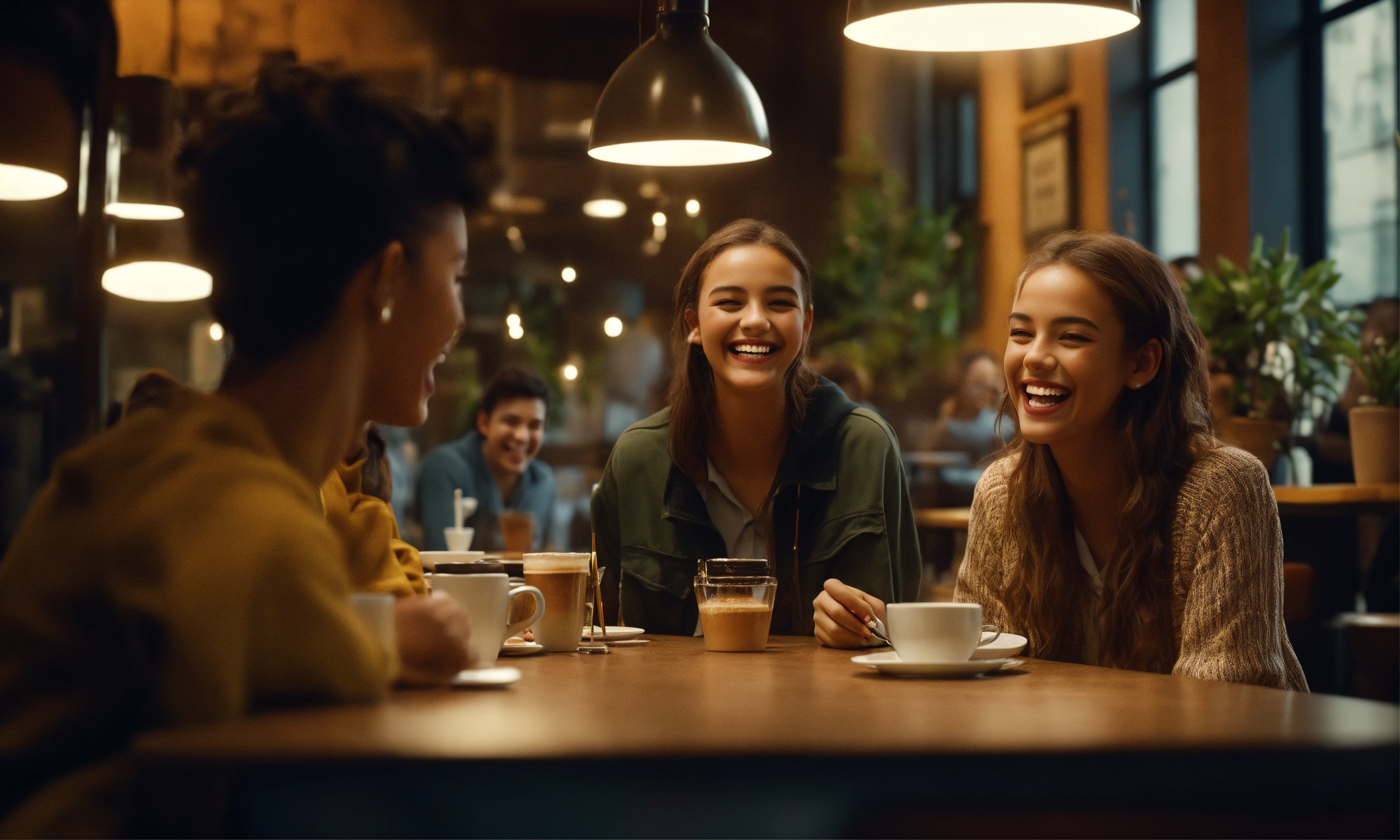 Lexica - 4 school students laughing together in cafe, mood lighting ...