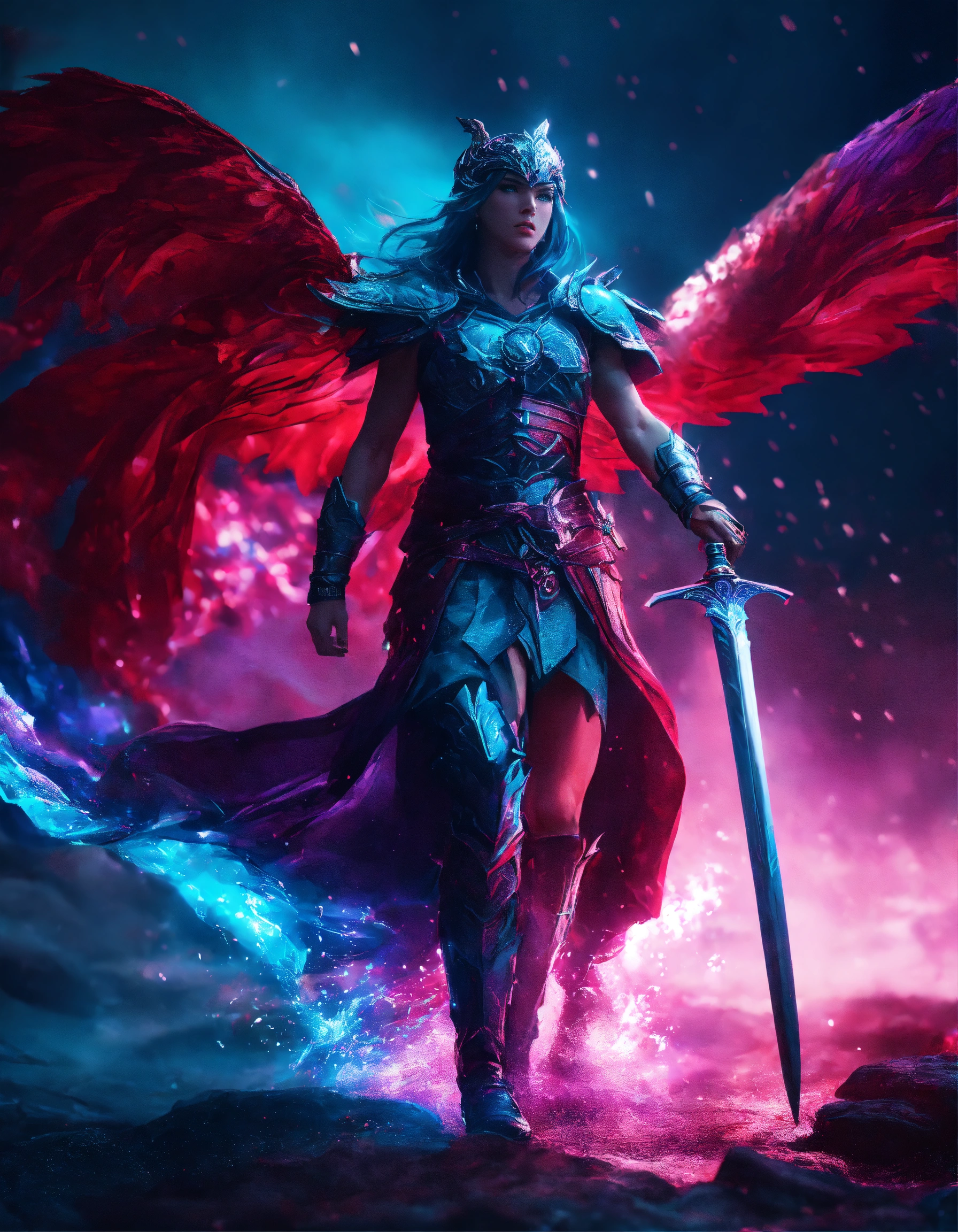 Lexica - Flowing magic light, blue purple teal red, fantasy warrior in ...