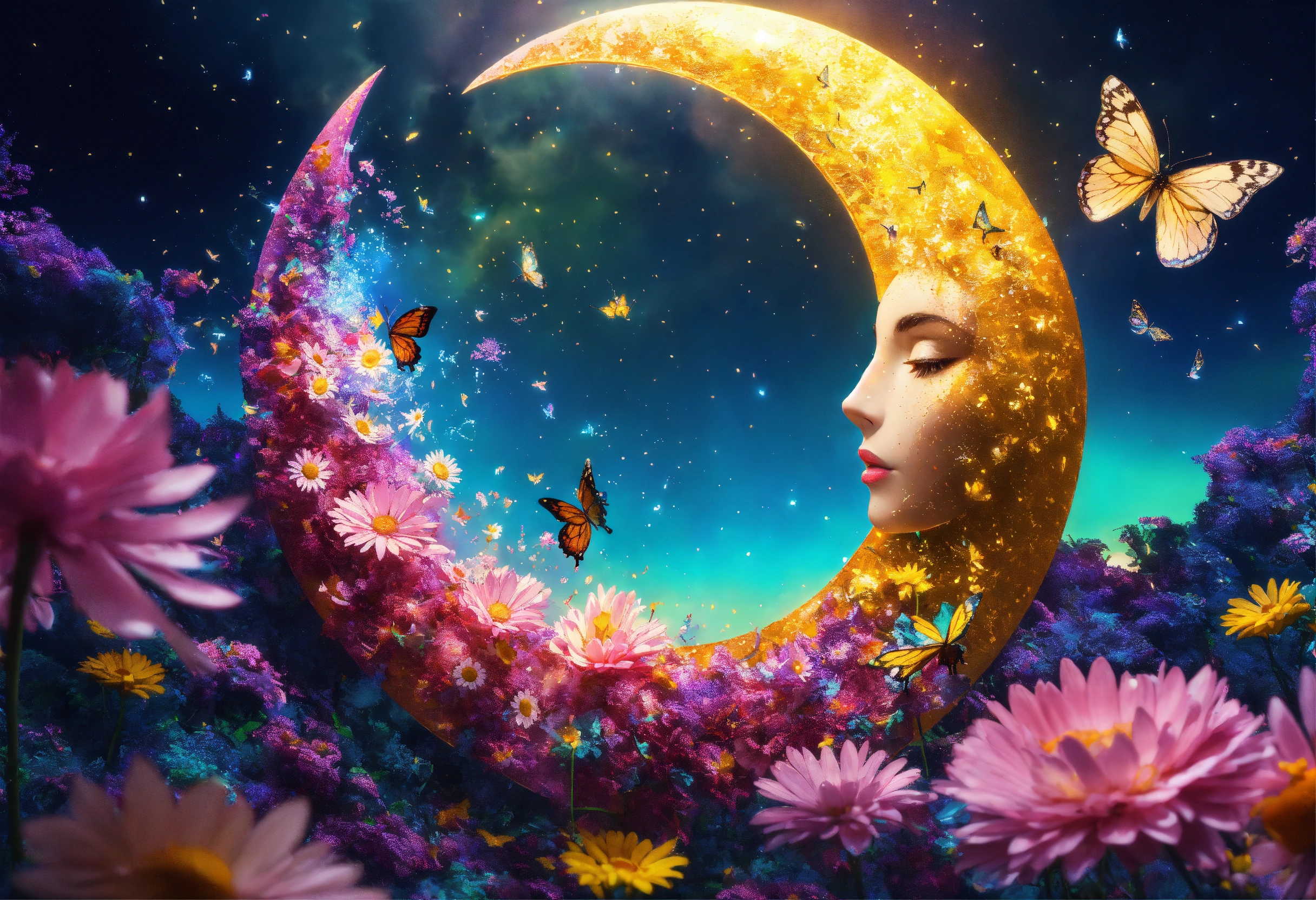 Lexica - A crescent moon with butterflies and daisies made of glittery ...