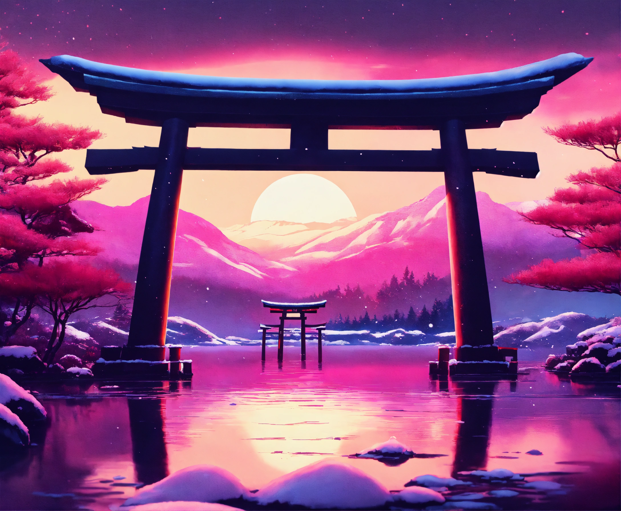 Lexica - Synthwave style winter snowy lotus pond fuji stone torii gate