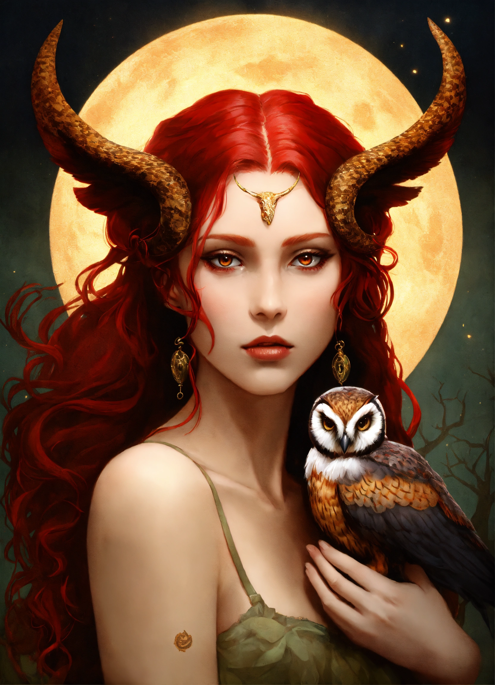 Lexica - Lilith goddess with horns demon of seduction with red hair with an  owl on her shoulder and a serpent