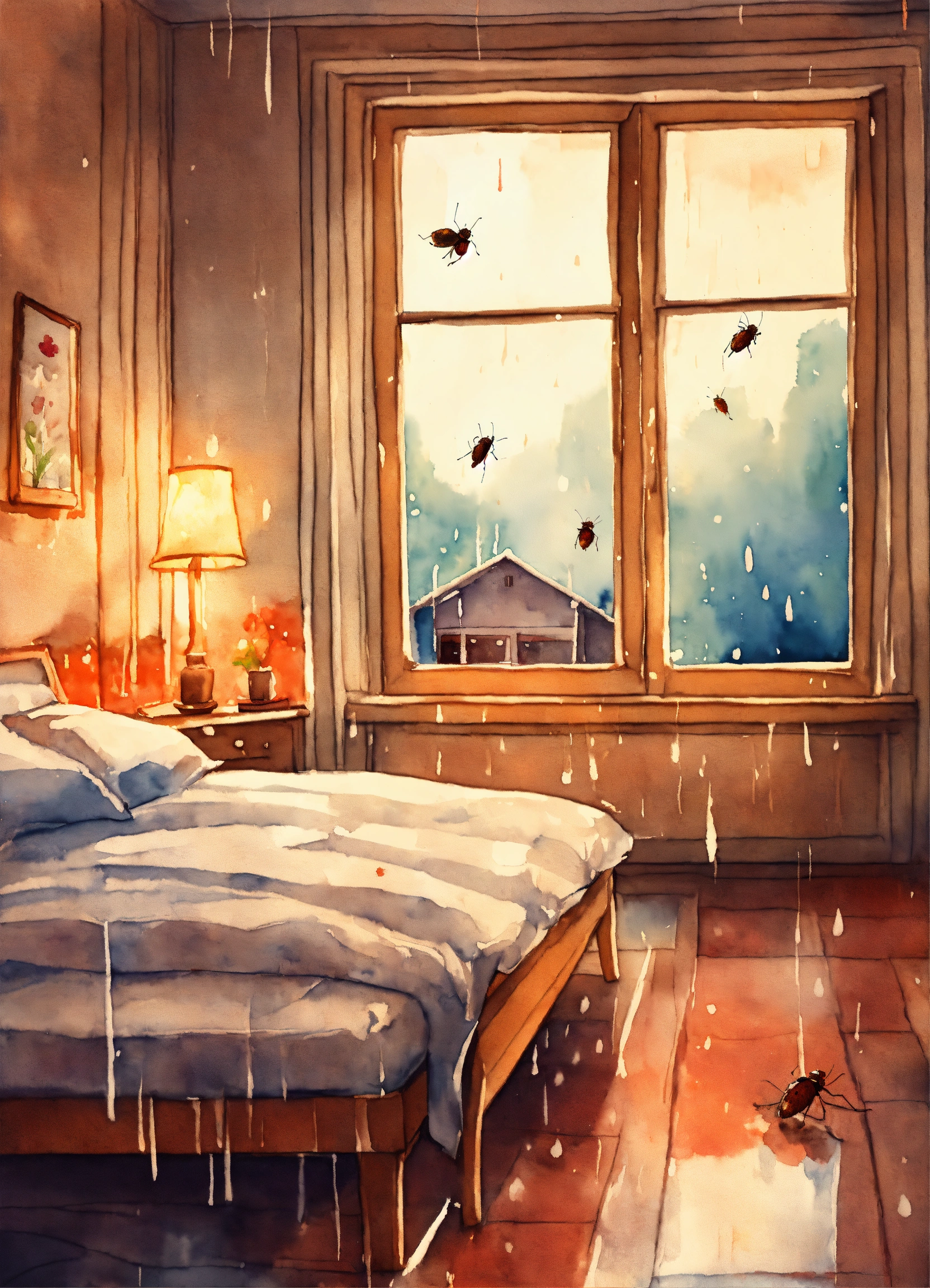 Lexica - In a room next to the window, on the bed a bug is lying on his ...