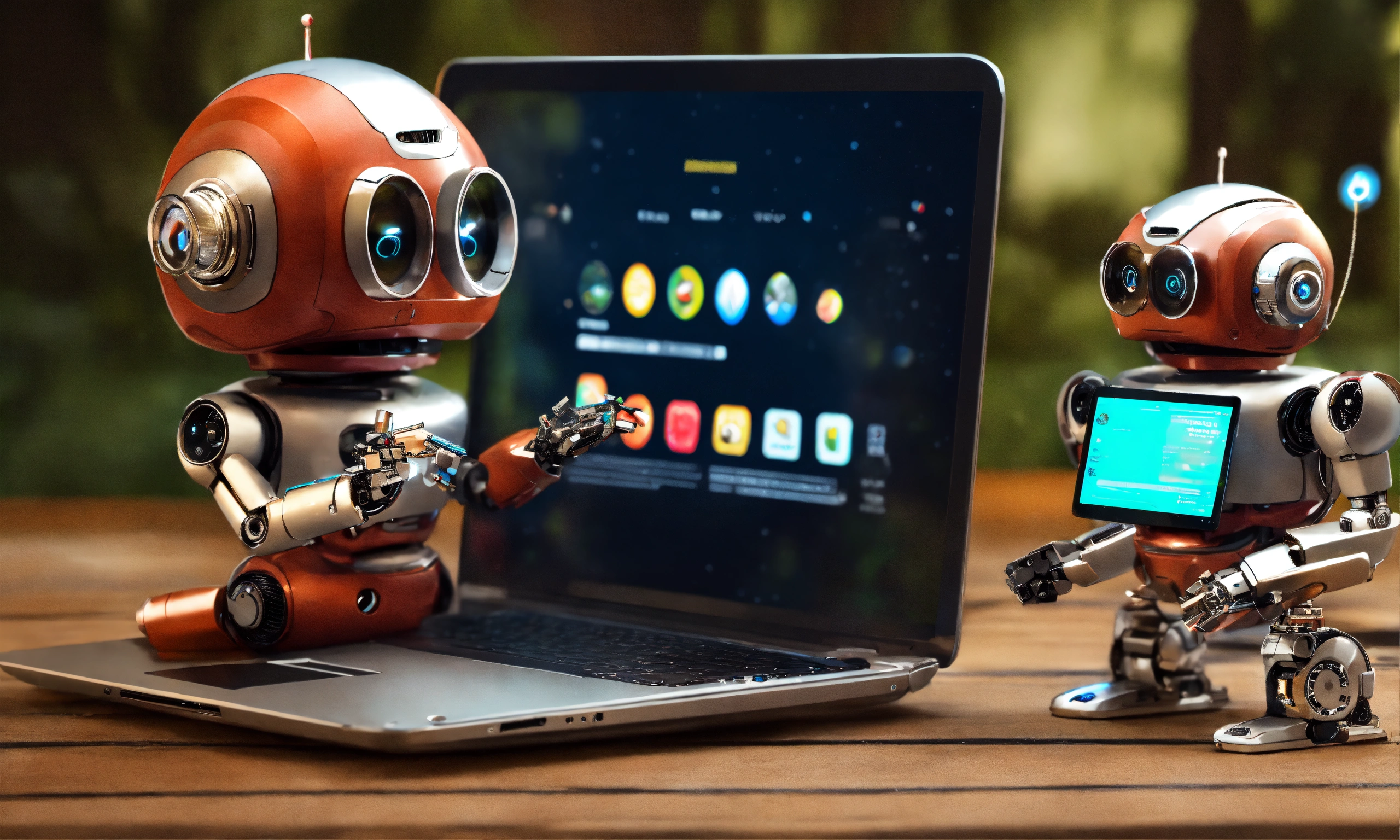 Lexica - Very cute smiling robot working on its laptop in deep focus