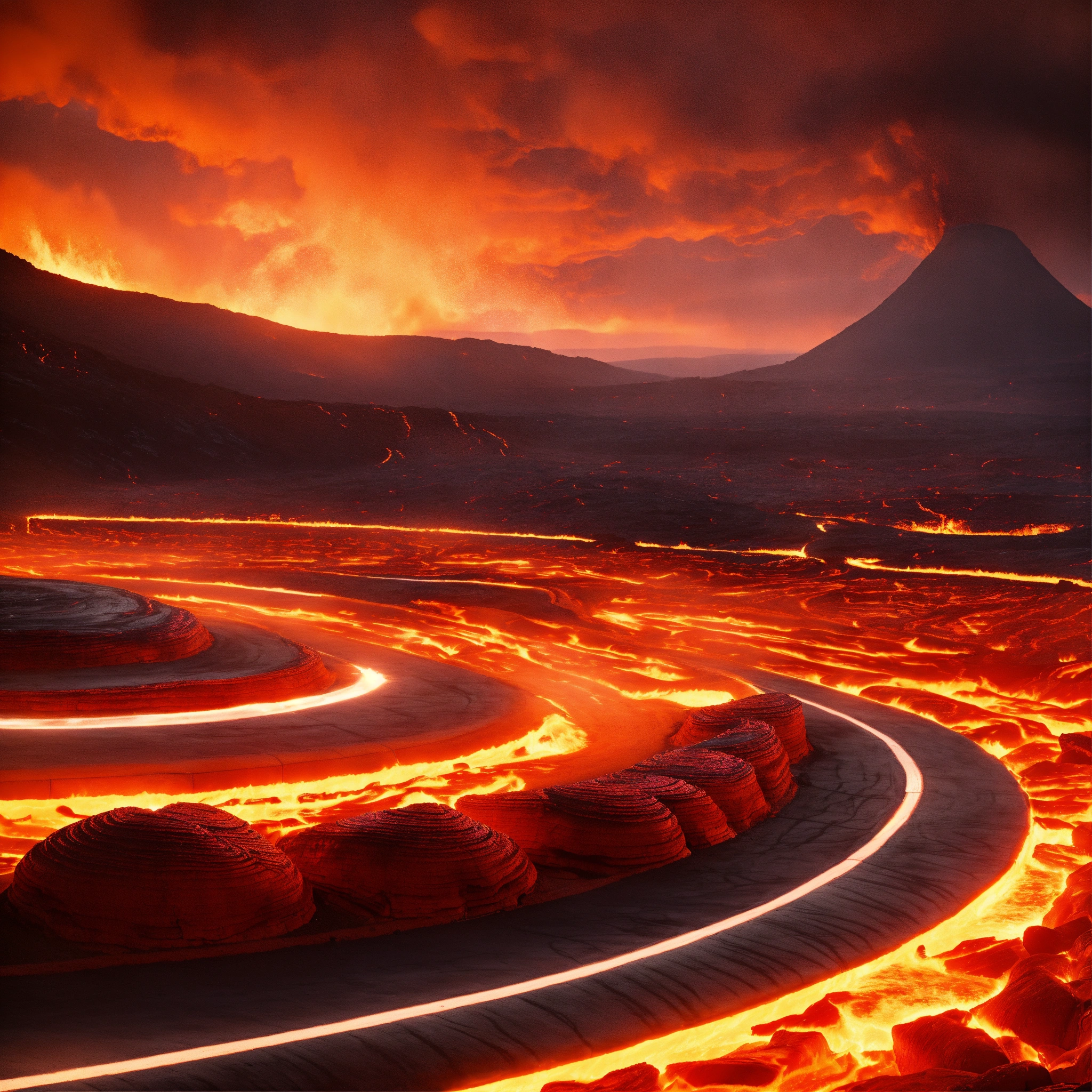 Lexica - A high speed oval racetrack amidst a lava flow scene, alive ...