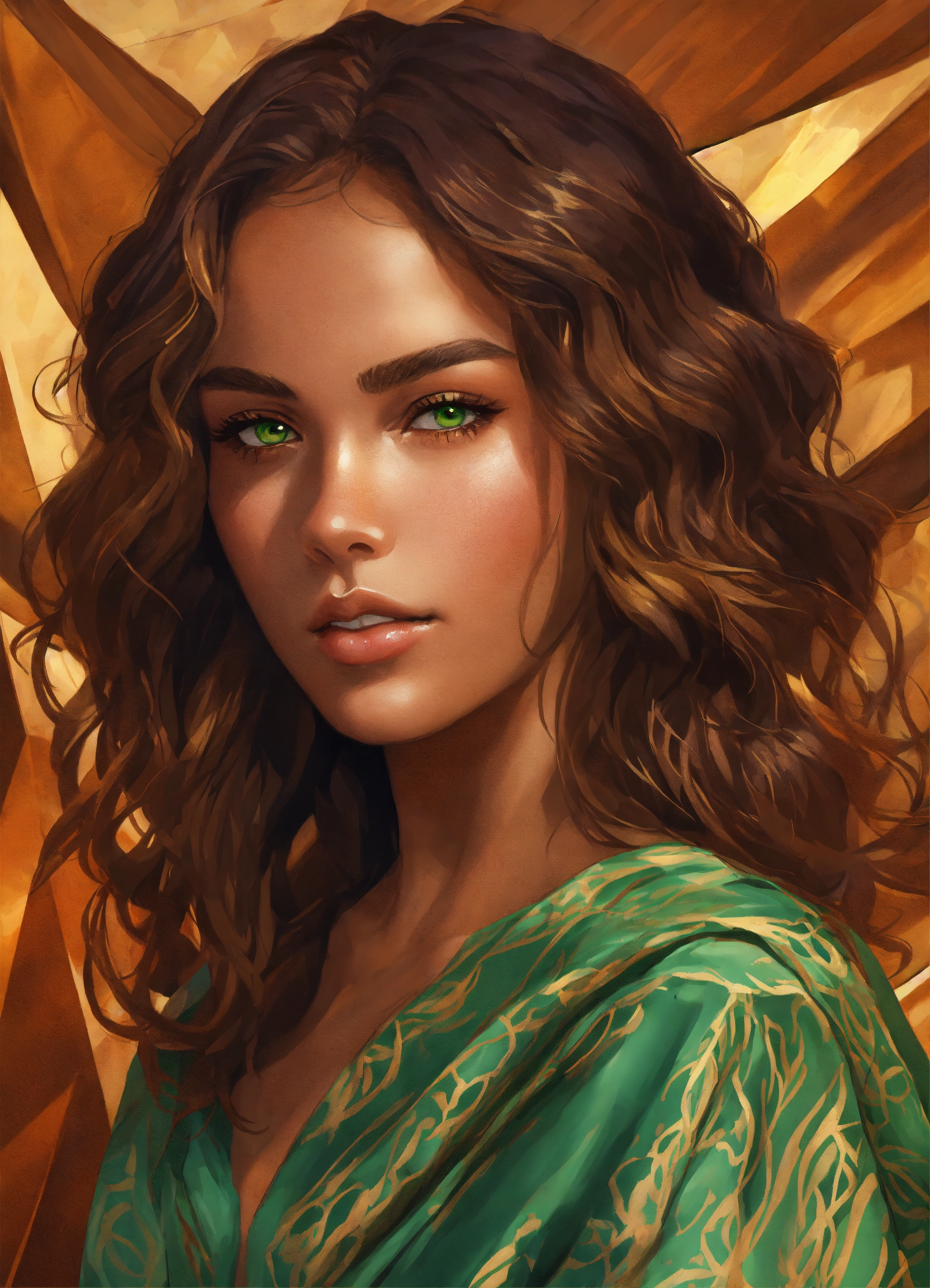 Lexica - A digital portrait of a woman with golden tan skin, green eyes ...
