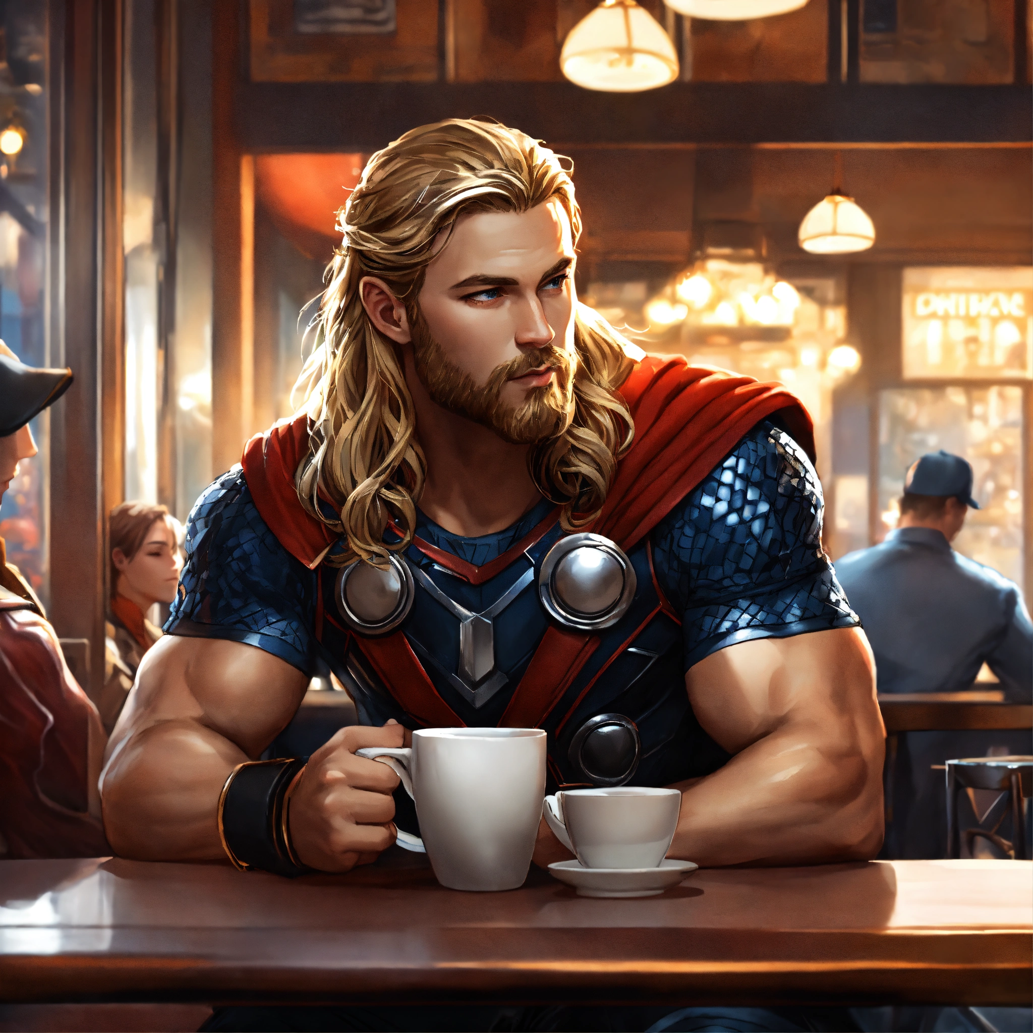 Lexica - Artgerm, Thor sitting at a cosy diner, having a coffee, vain ...