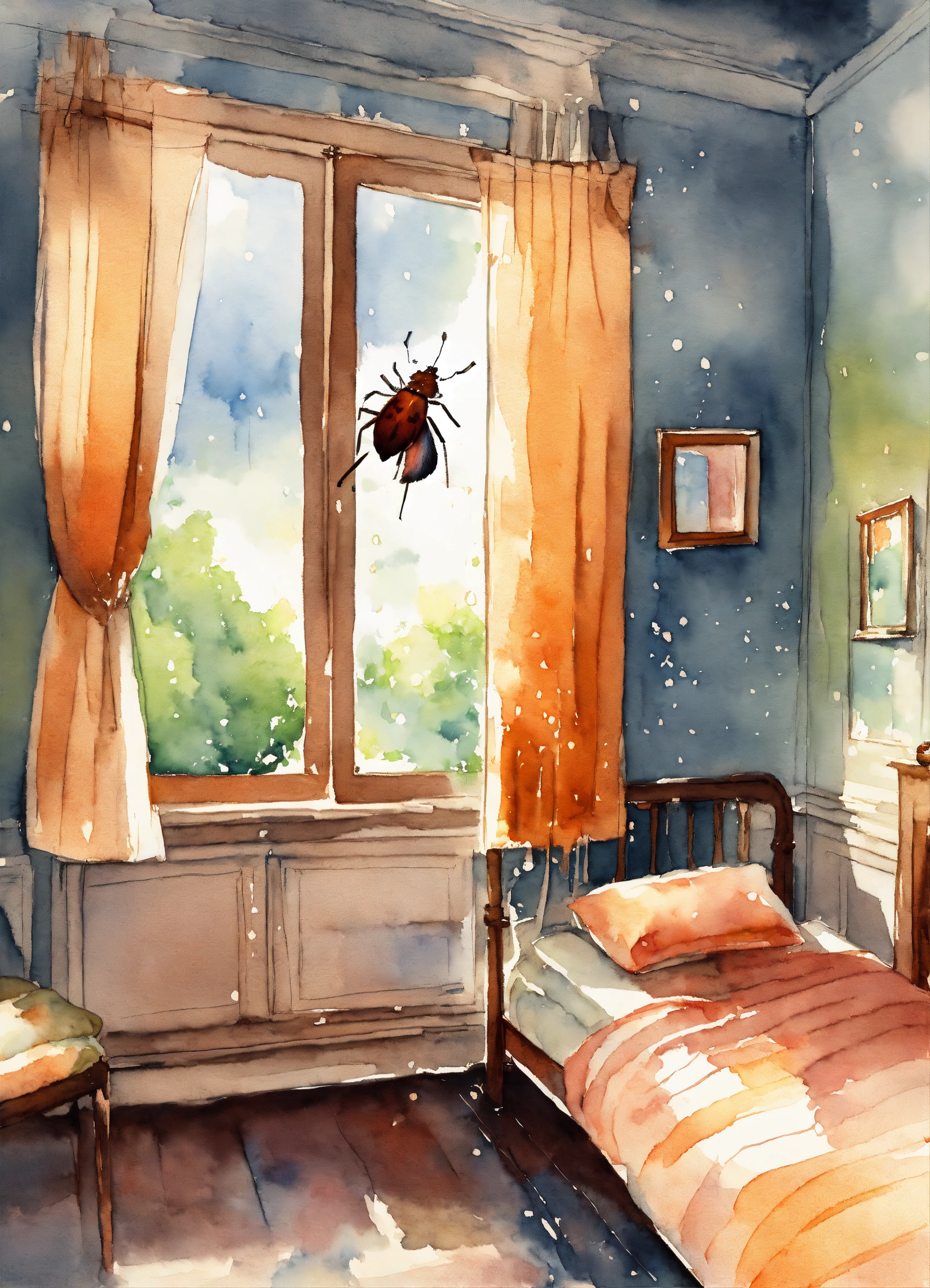 Lexica - In a room next to the window, on the bed a bug is lying on his ...