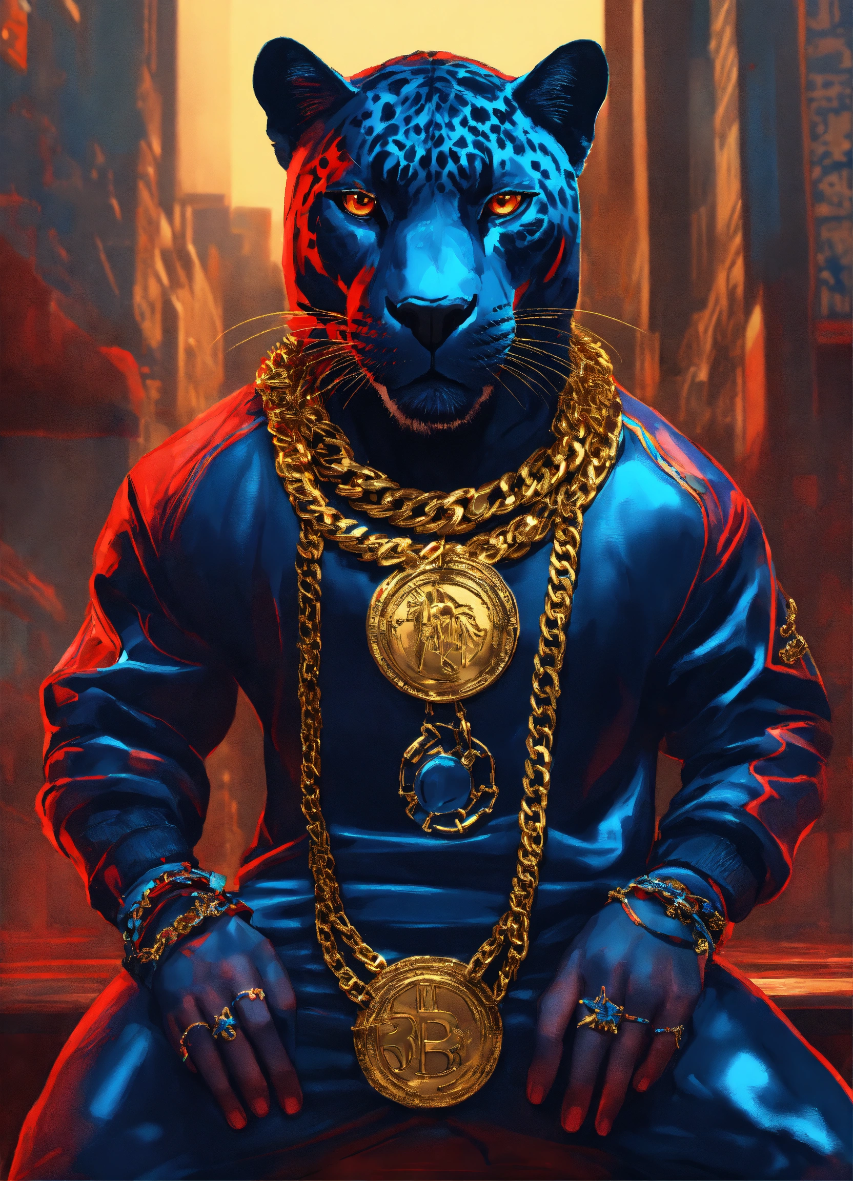 Lexica - Hip hop full body panther with gold chains, red and blue ...