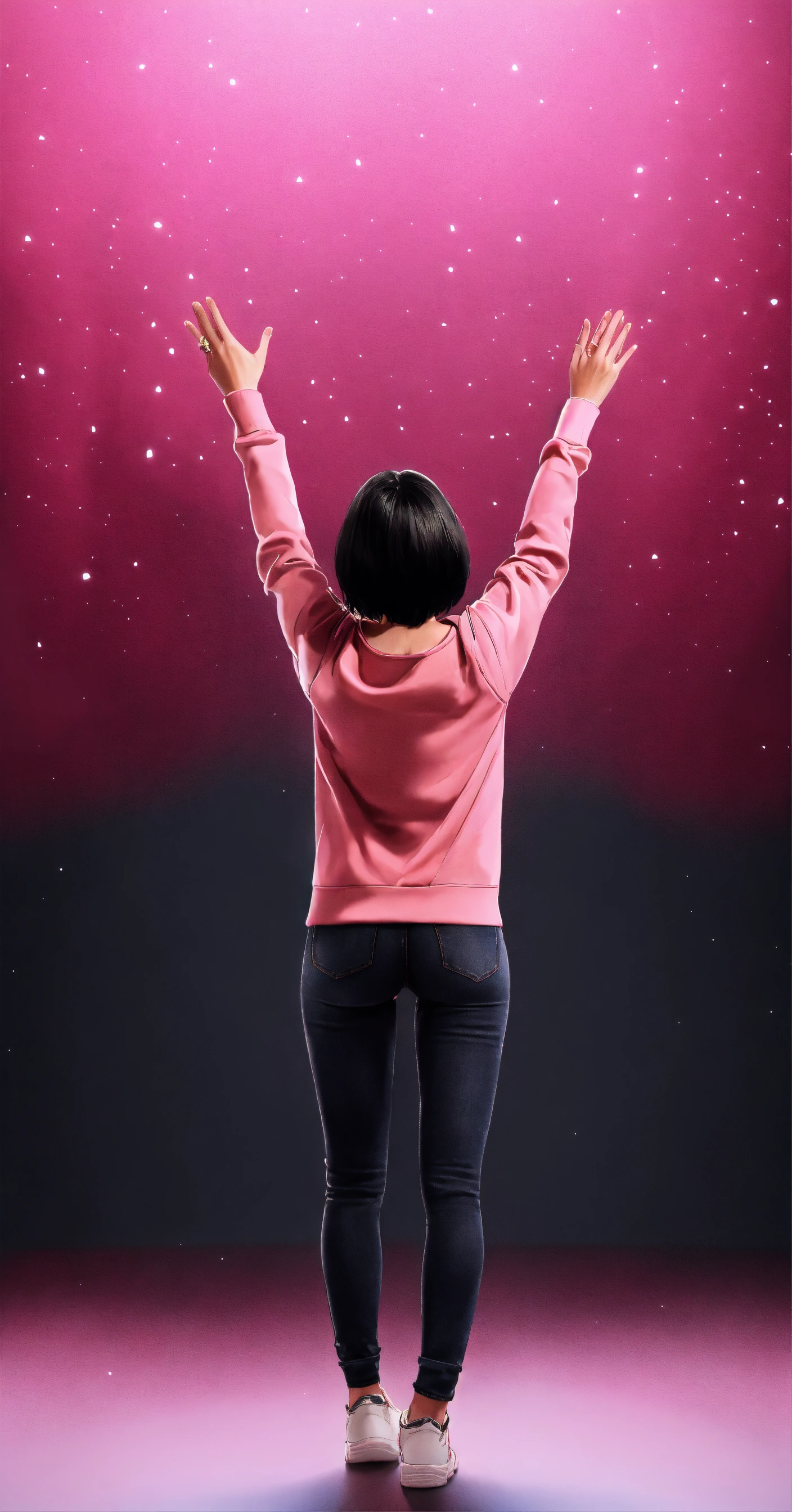 Lexica - Full body, a woman from her back, raising both her hands up ...