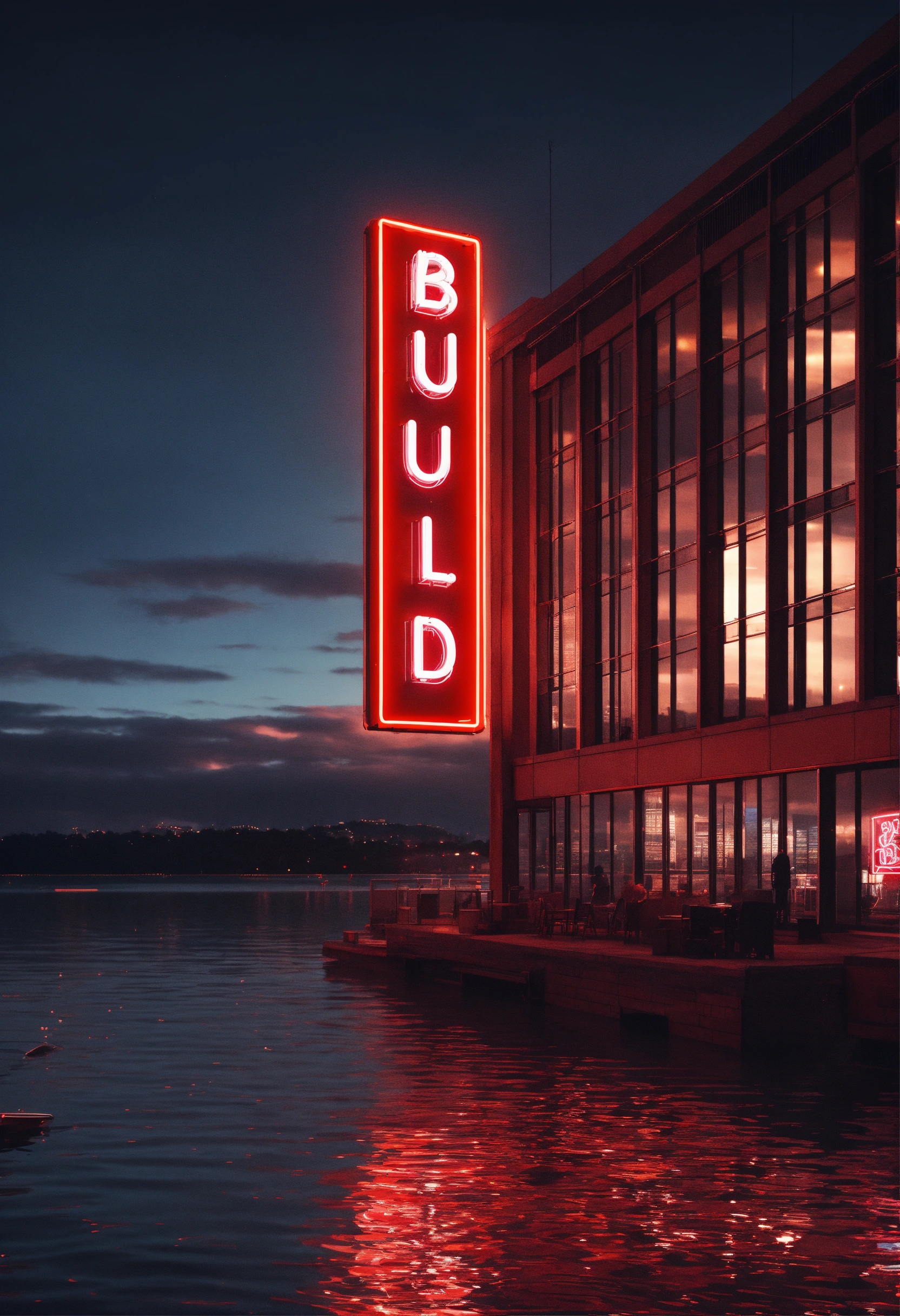 Lexica - A red neon sign that says (B U I L D) on a tall building ...