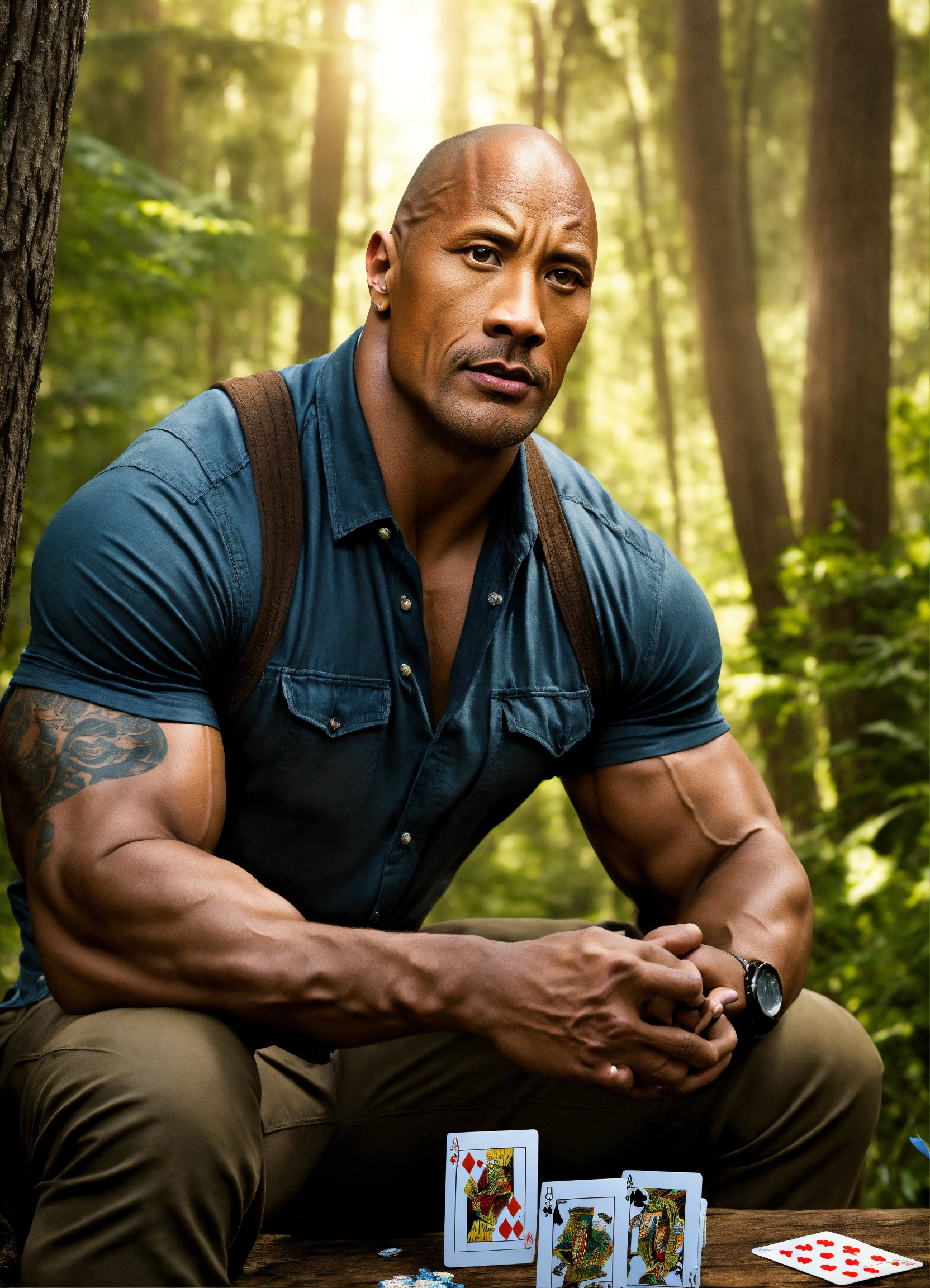 Lexica Realistic, Dwayne Johnson, looks philopena, tall trees