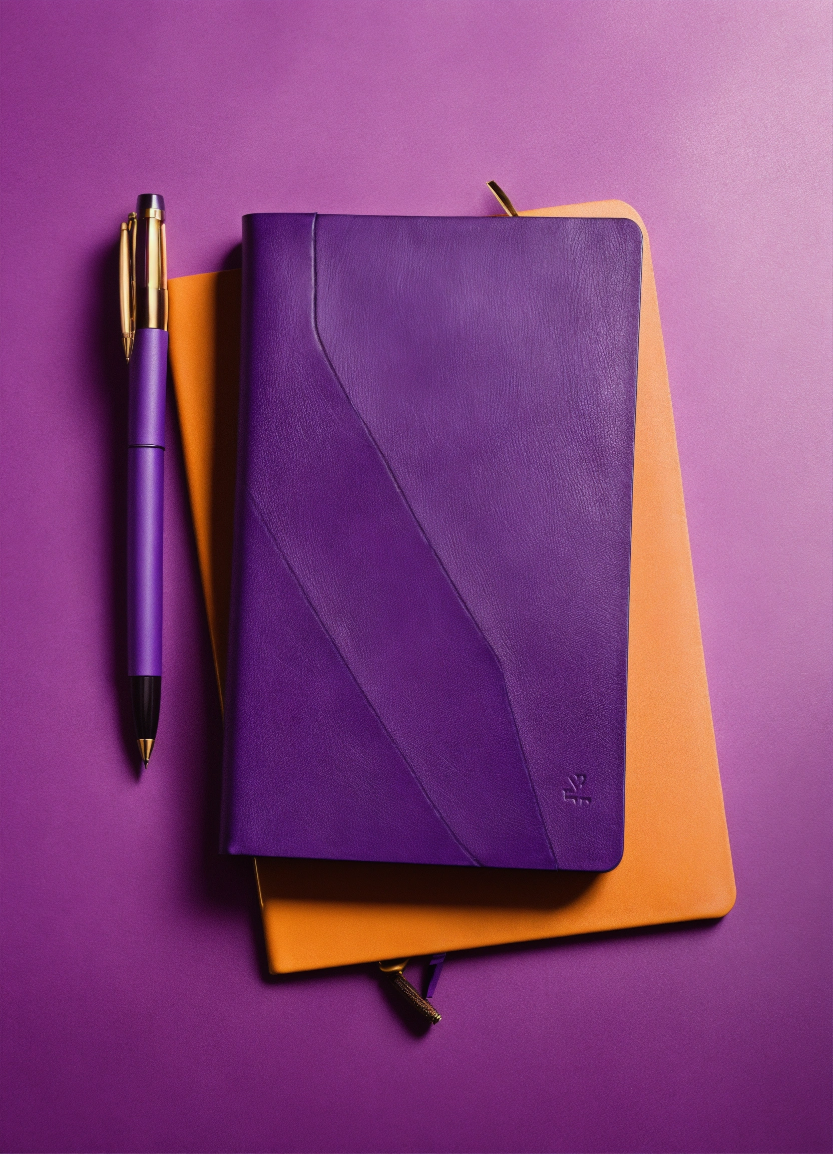 Lexica Leather notebook with pen lying on a white table, top view