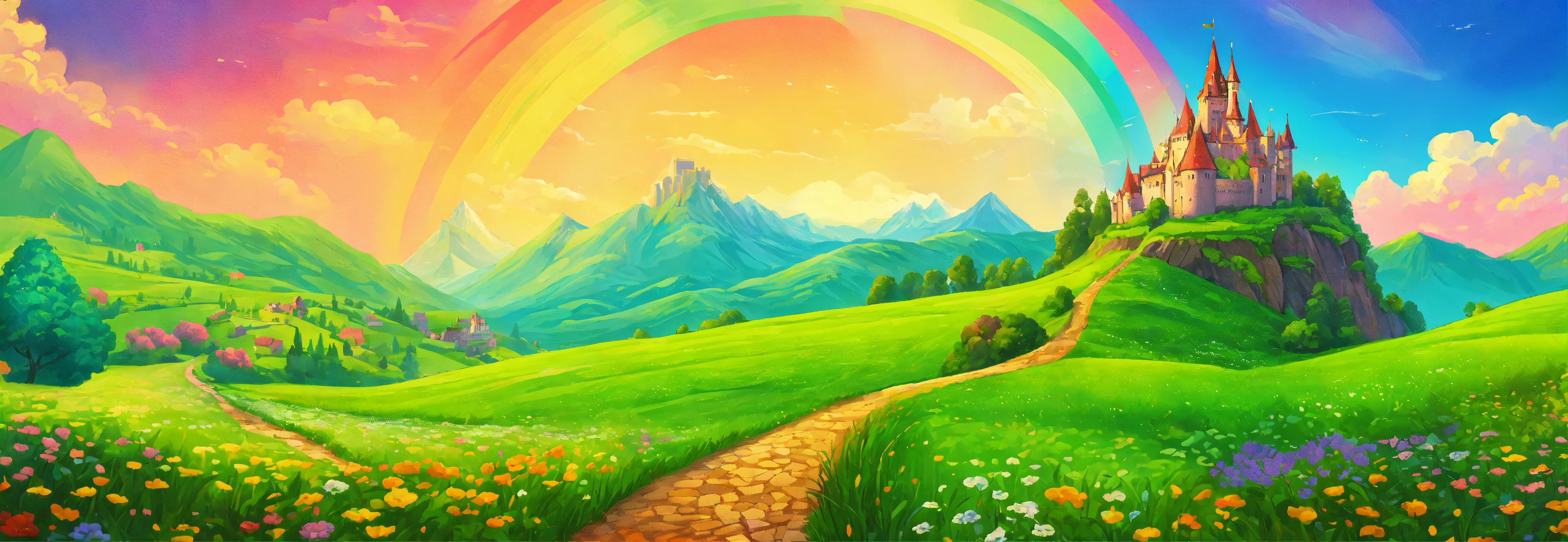 Lexica - Fantasy cartoon landscape with a green field with moutains and ...