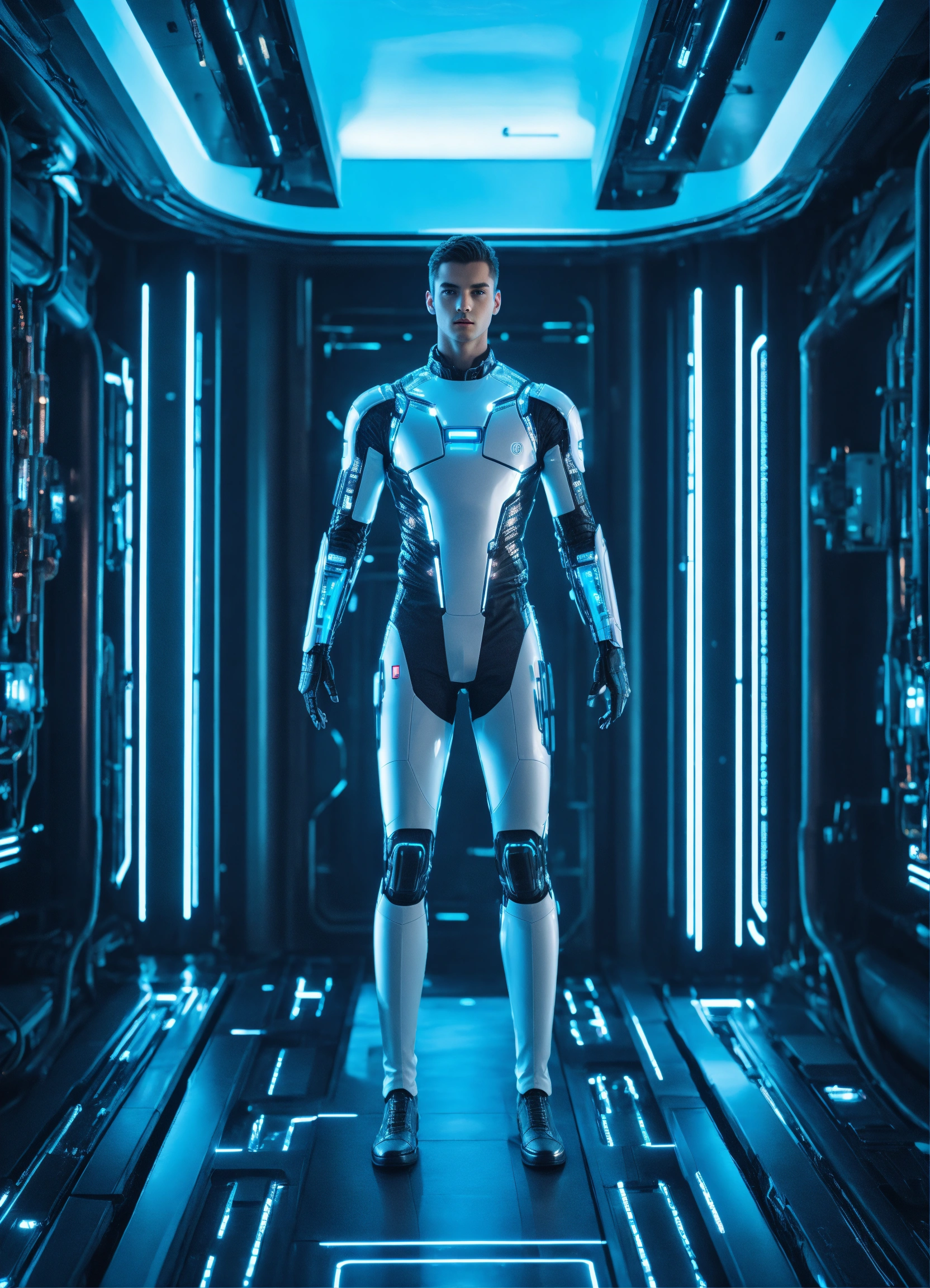Lexica - Human looking male android standing in acwjite futuristic room ...