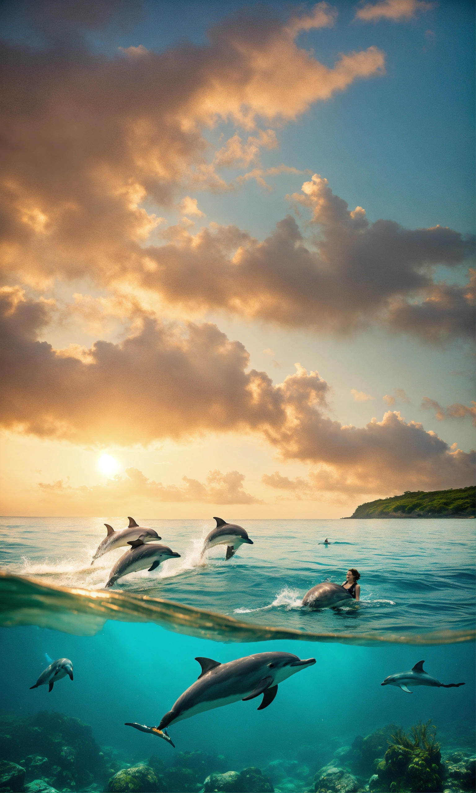 Lexica - A woman adventurously swimming with dolphins in the ocean.